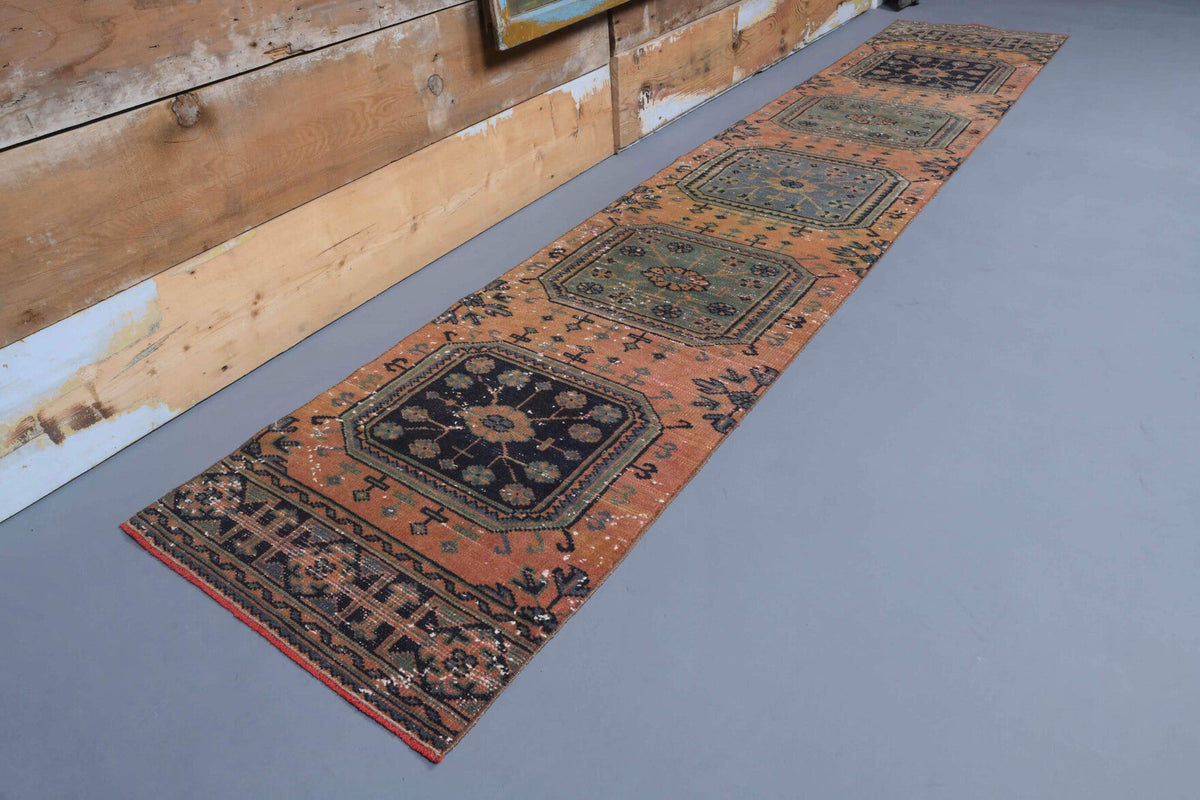 68x345 cm mavi, turuncu ve kahverengi ikat desenli el dokuma vintage yolluk – üstten tam görünüm
