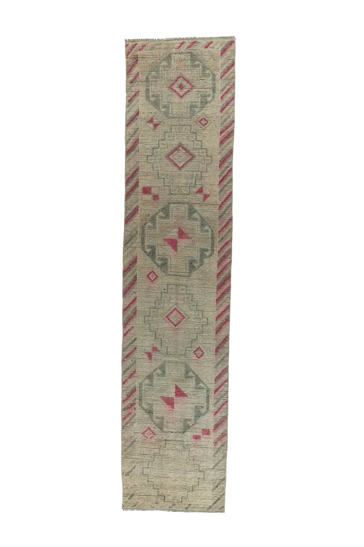 74x337 cm bej ve turuncu geometrik desenli el dokuma vintage yolluk – üstten tam görünüm