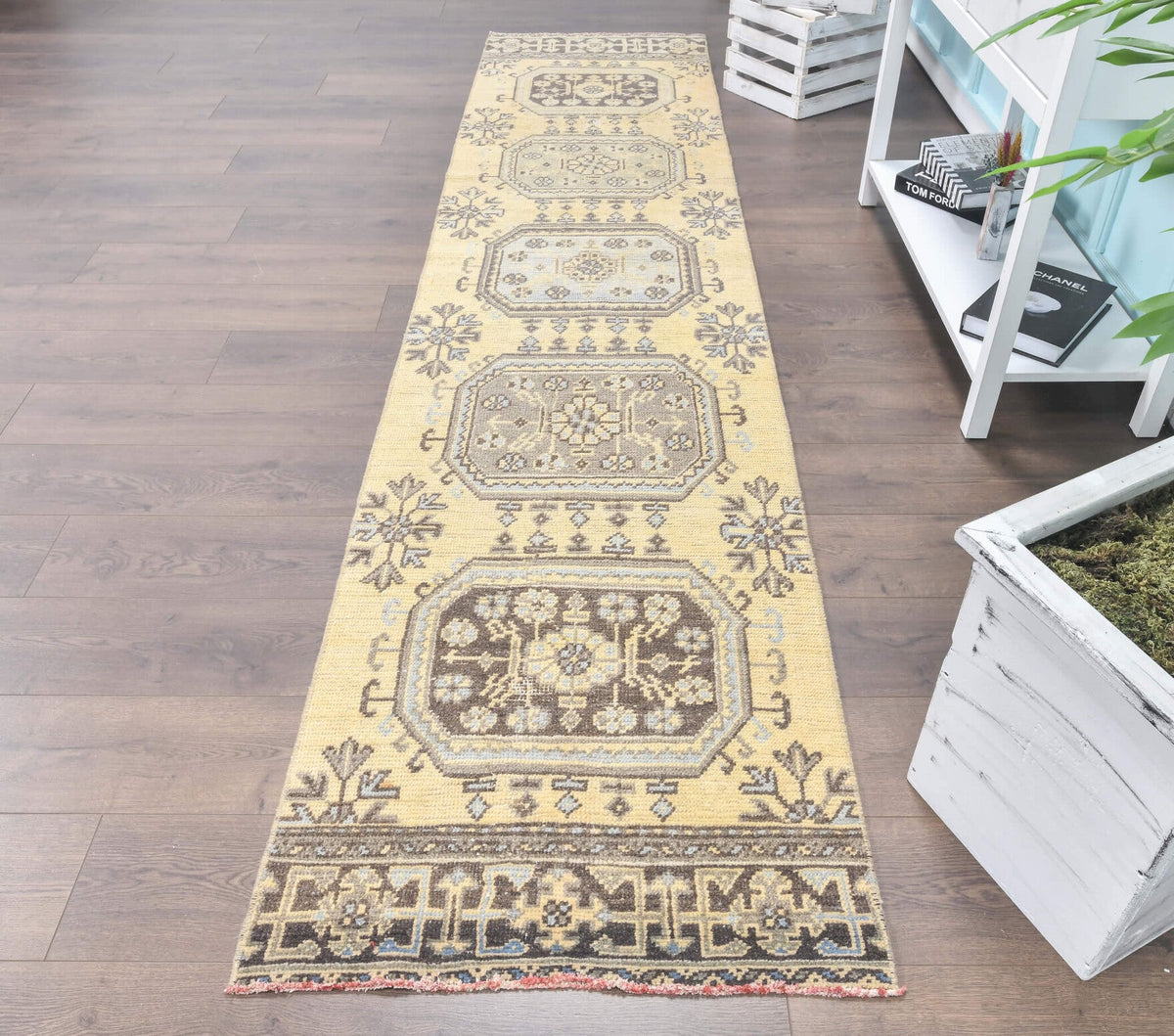 El yapımı vintage yolluk 74x323 cm çiçek desenli desenli yün - detay görünümü