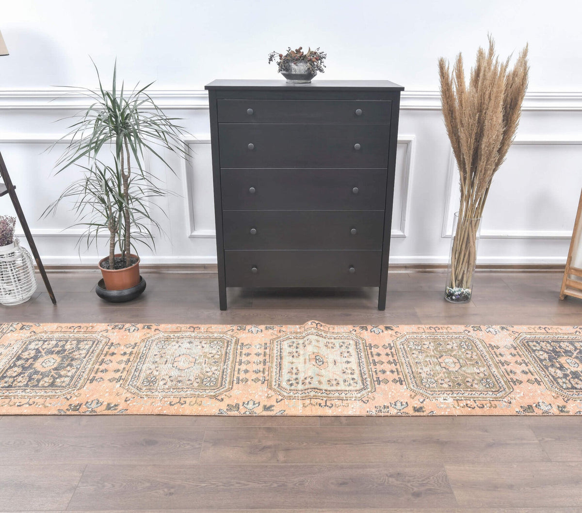 El yapımı vintage yolluk 71x338 cm çiçek desenli desenli yün - yakın çekim doku detayı