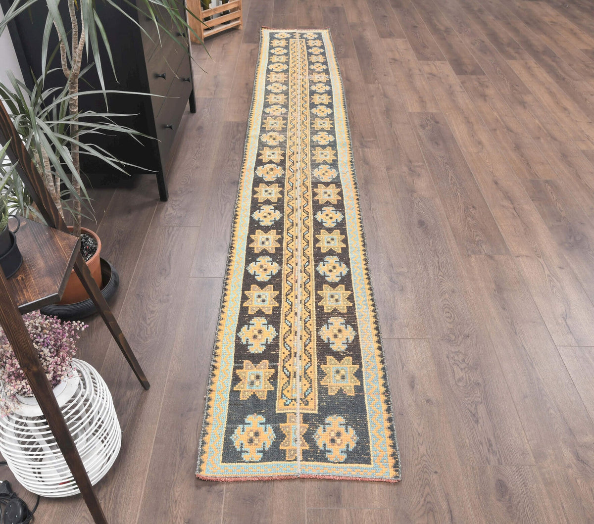 El yapımı vintage yolluk 51x340 cm patchwork desenli yün - yakın çekim doku detayı