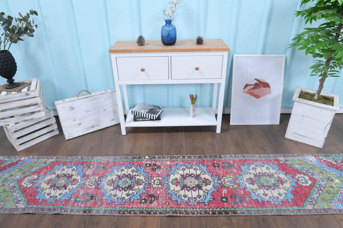 El yapımı vintage yolluk 61x320 cm oryantal desenli yün - yakın çekim doku detayı