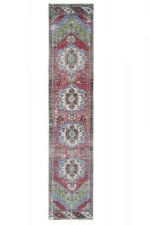 60x319 cm kırmızı, gri ve pembe oryantal desenli el dokuma vintage yolluk – üstten tam görünüm