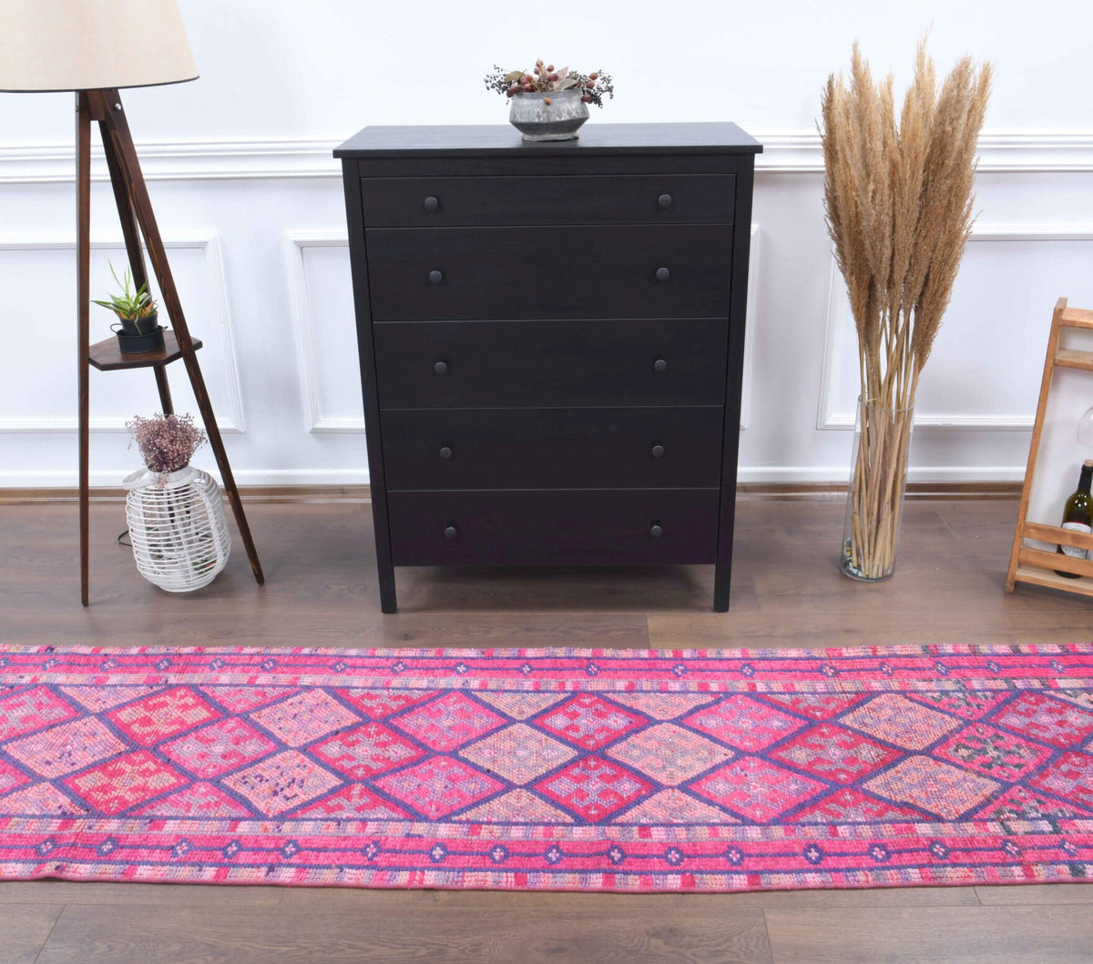 El yapımı vintage yolluk 61x335 cm i̇kat desenli yün - yakın çekim doku detayı
