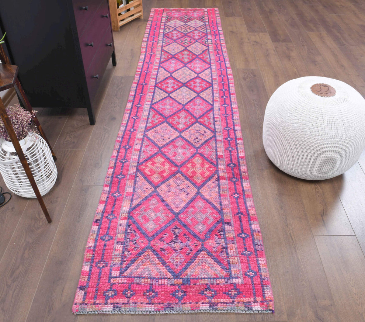 El yapımı vintage yolluk 61x335 cm i̇kat desenli yün - detay görünümü