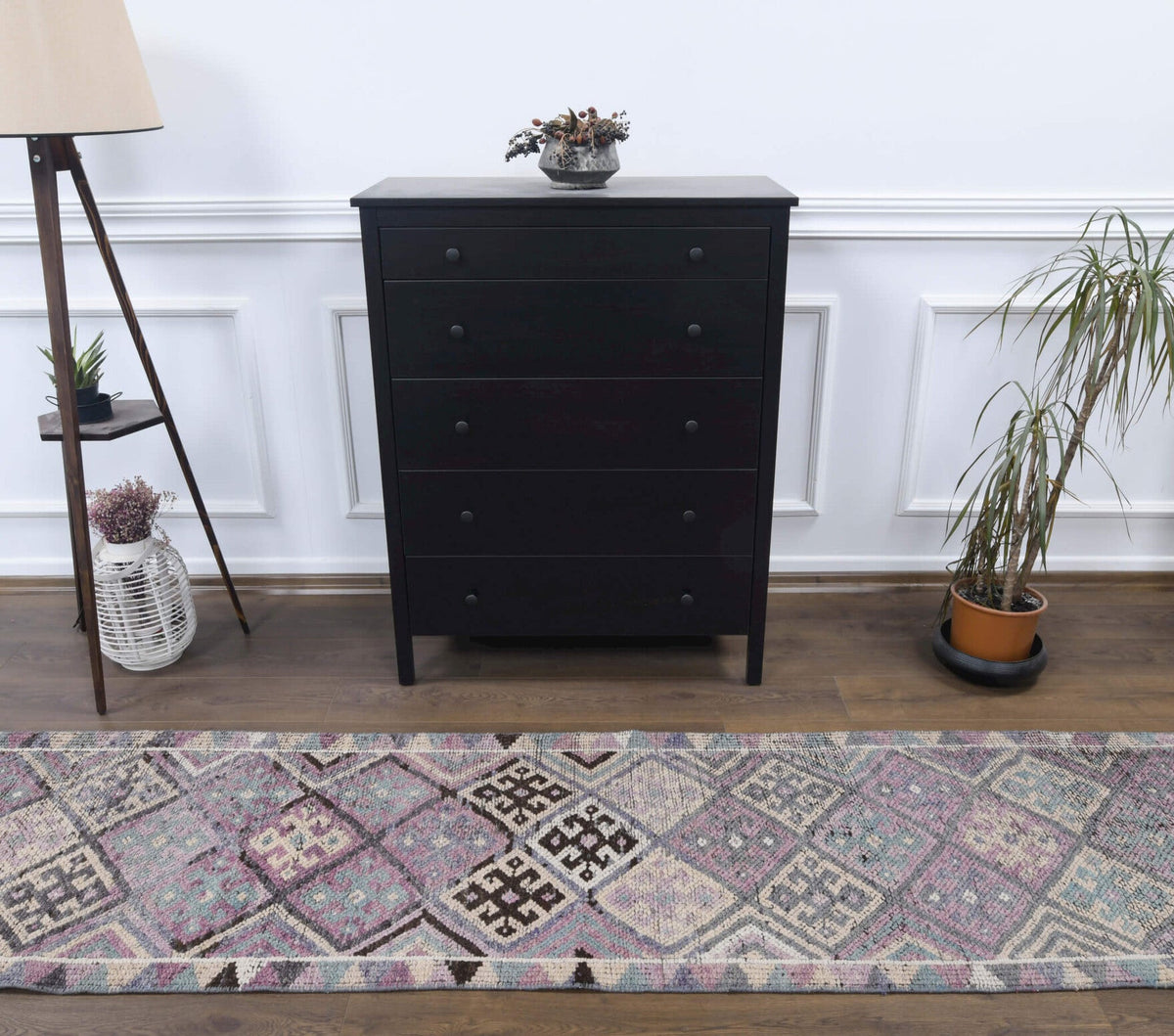 El yapımı vintage yolluk 74x351 cm geometrik desenli yün - detay görünümü