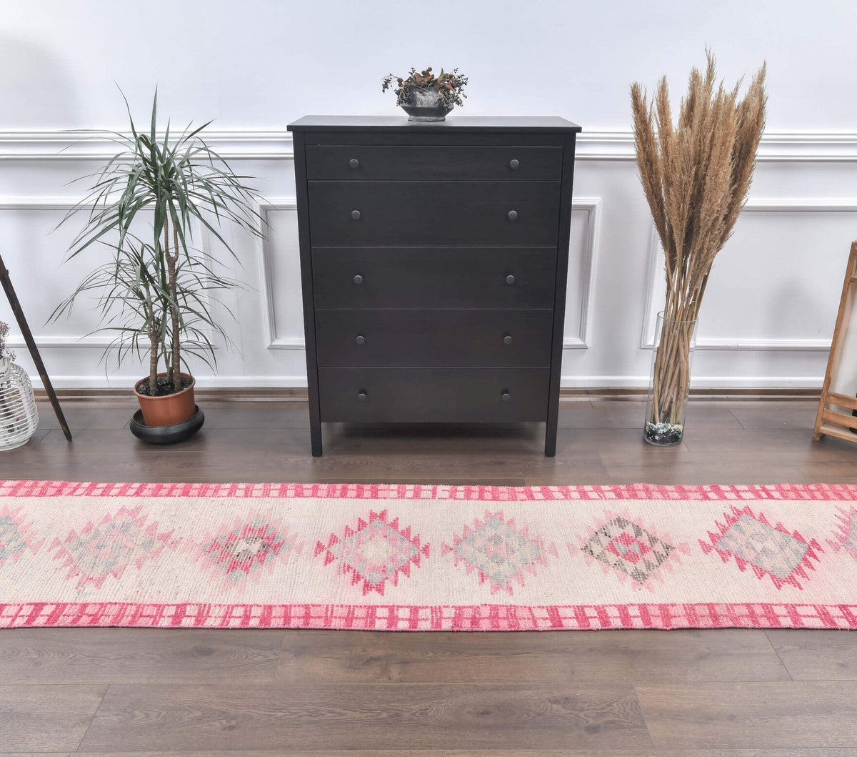 El yapımı vintage yolluk 74x391 cm geometrik desenli yün - detay görünümü