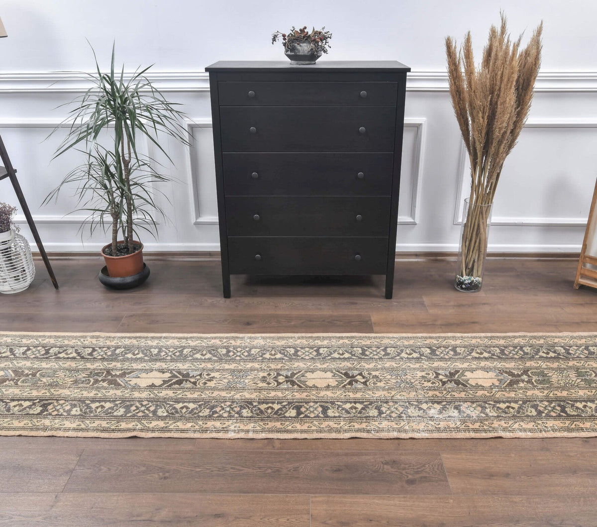 El yapımı vintage yolluk 74x381 cm i̇kat desenli yün - detay görünümü
