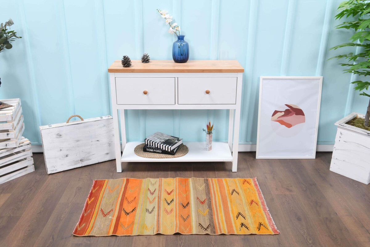 El yapımı vintage halı 66x127 cm çizgili desenli yün - detay görünümü
