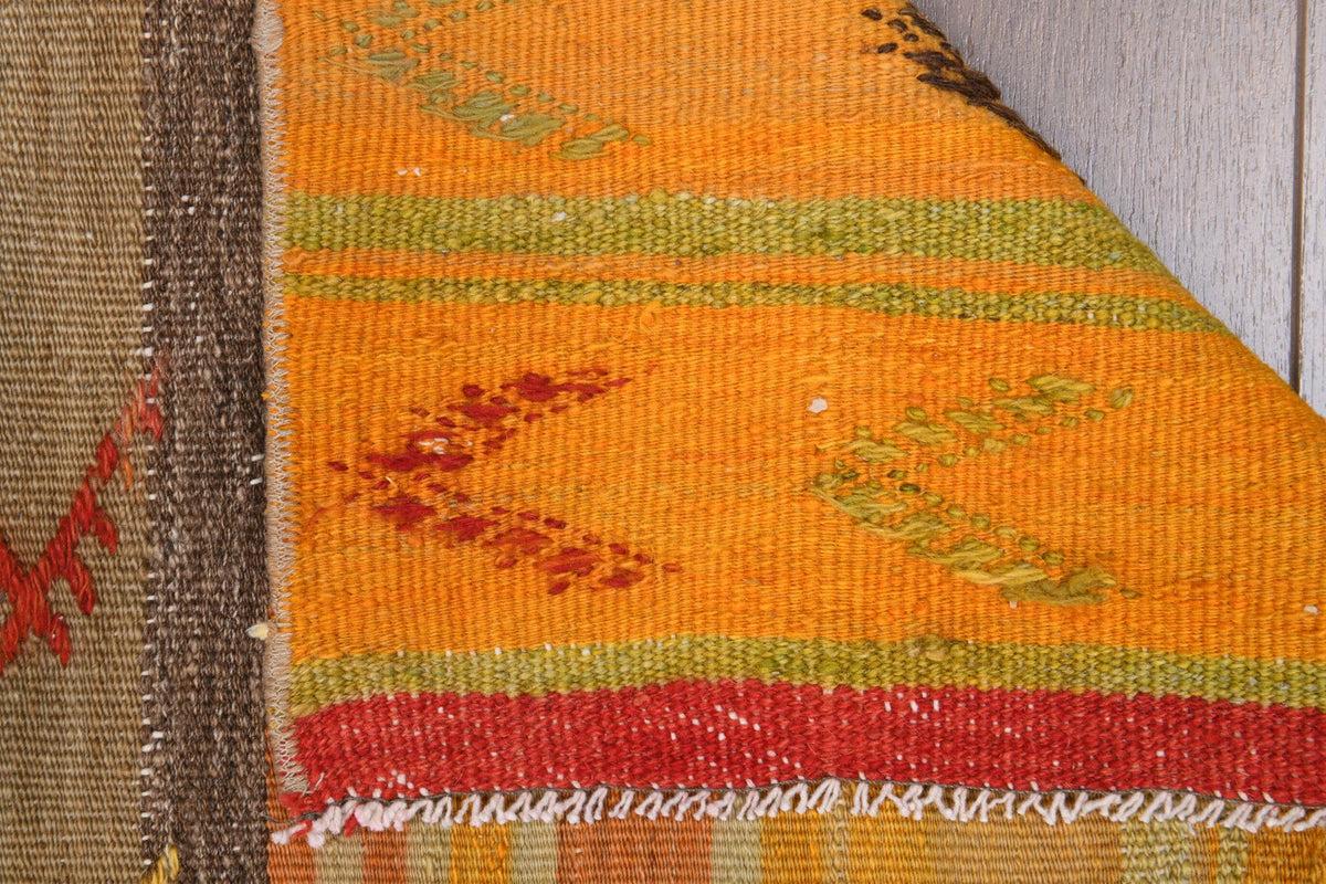 Turuncu ve kahverengi renkli el dokuma vintage kilim, %100 yün dokuma