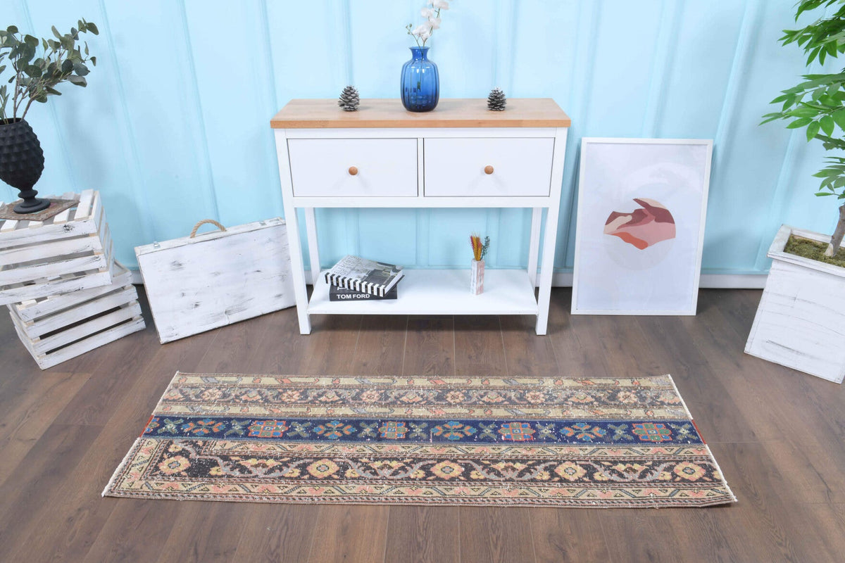 Oryantal desenli patchwork vintage yolluk – bej, turuncu ve kahverengi tonlarda yün dokuma