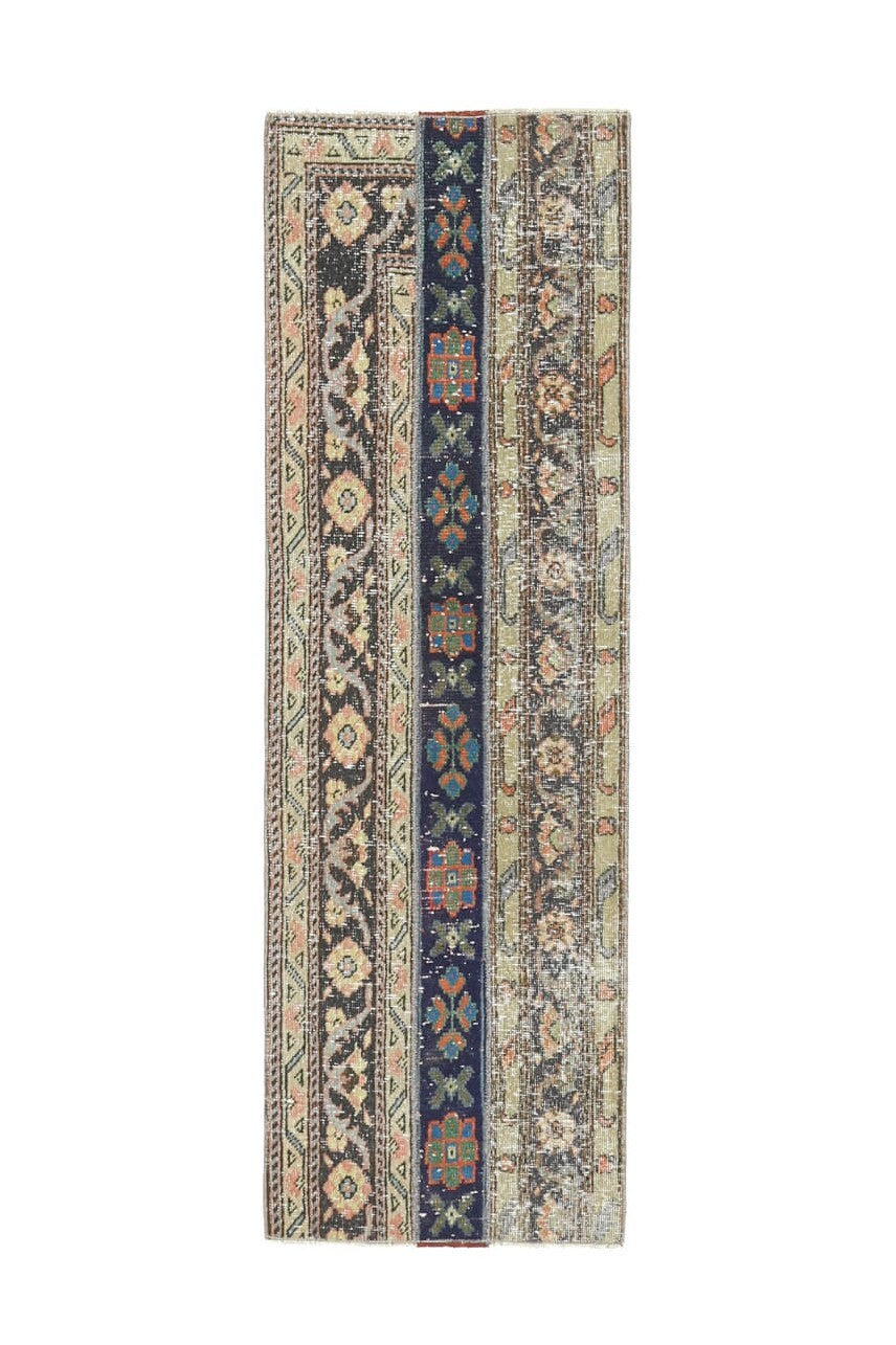 56x179 cm bej, turuncu ve kahverengi oryantal desenli patchwork vintage yolluk – üstten tam görünüm