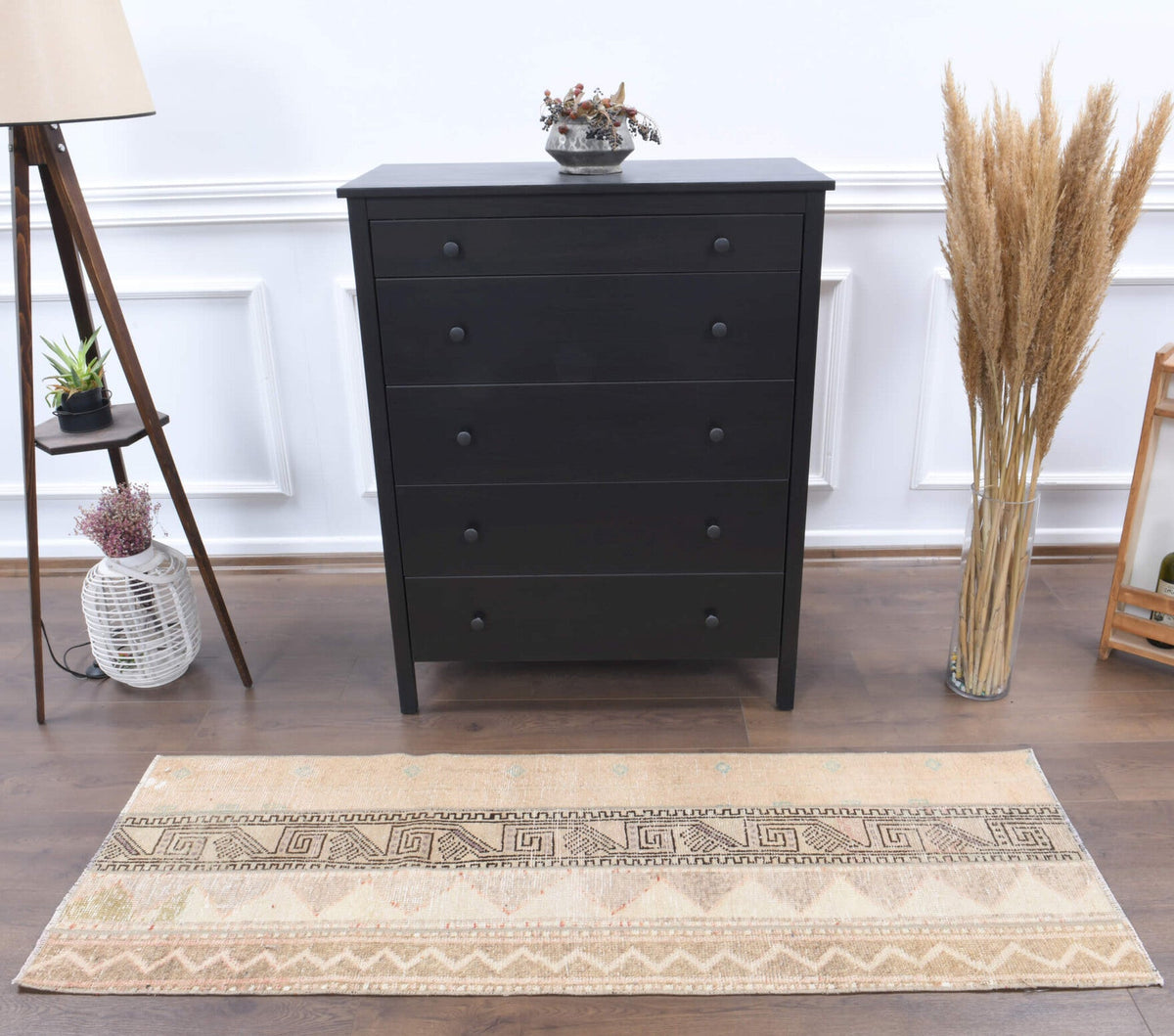 El yapımı vintage yolluk 61x183 cm i̇kat desenli yün - detay görünümü