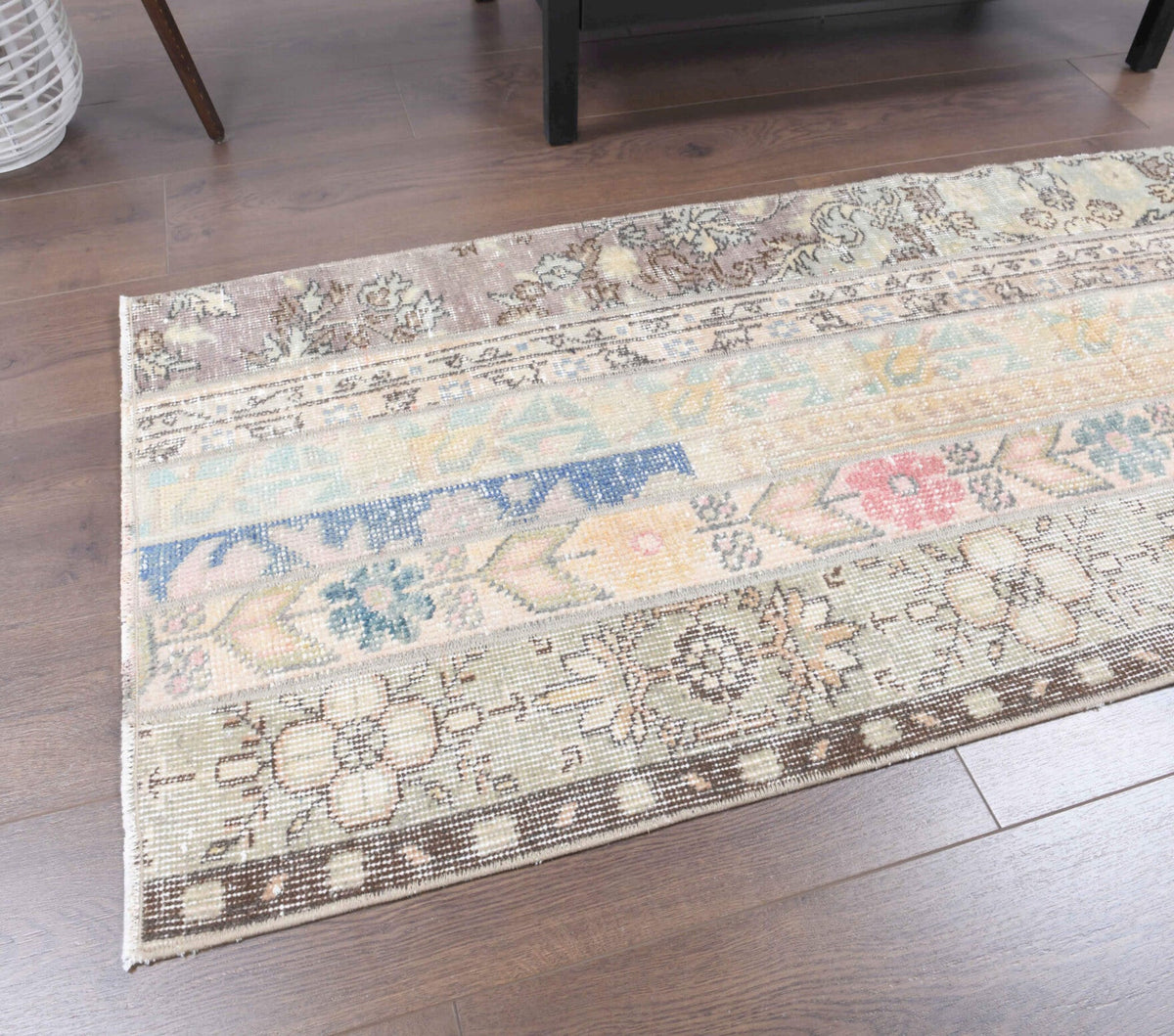 El yapımı vintage yolluk 66x185 cm oryantal desenli yün - yakın çekim doku detayı