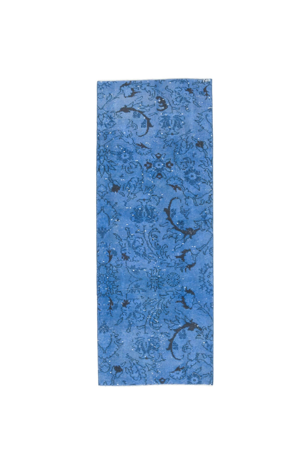 69x181 cm mavi çiçek desenli el dokuma vintage yolluk – üstten tam görünüm