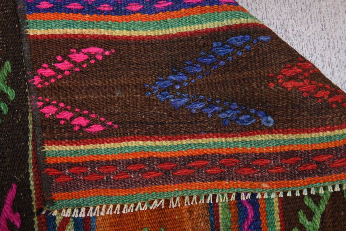 Kahverengi, turuncu ve kırmızı renkli vintage kilim yolluk, %100 yün dokuma