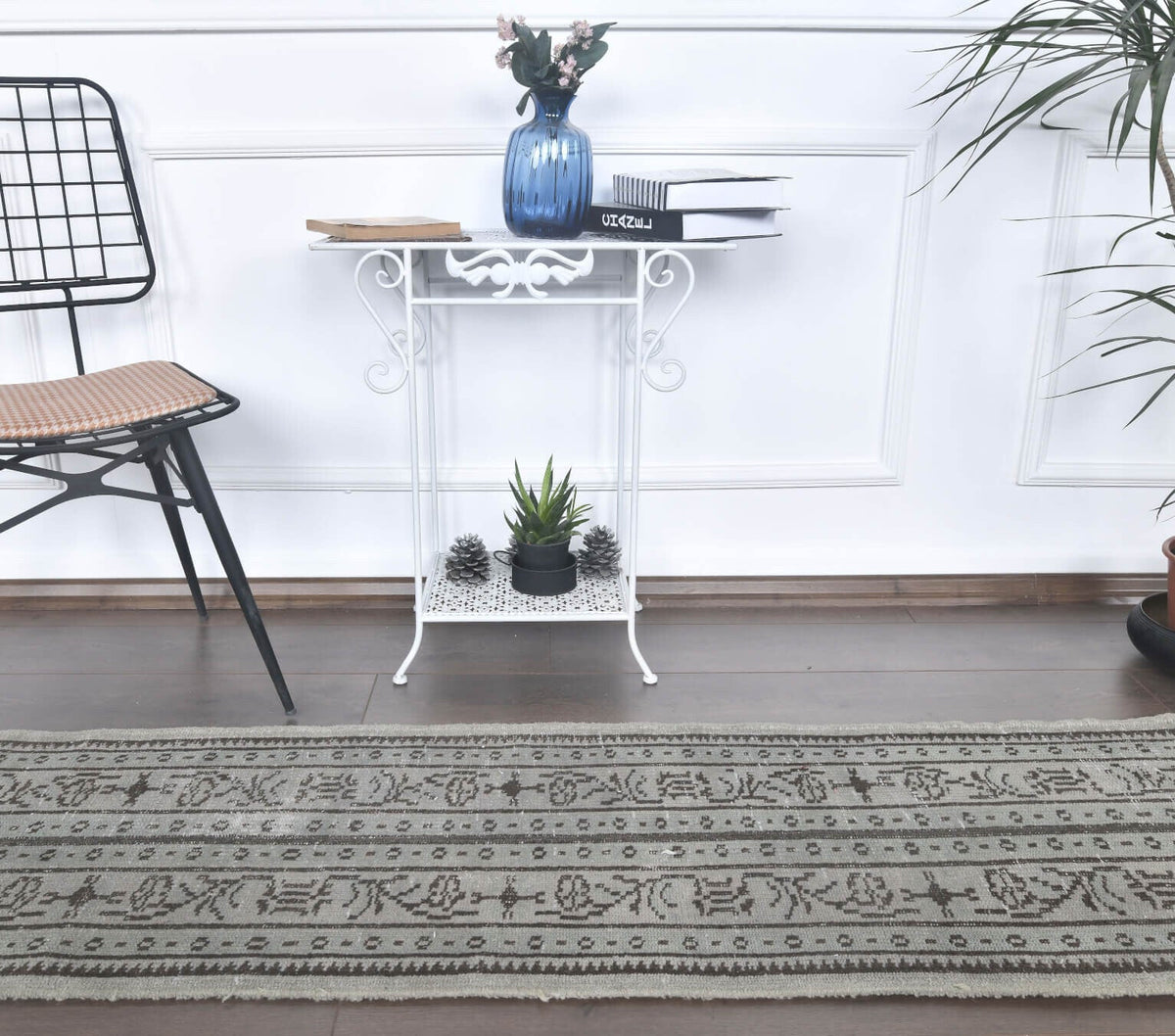 El yapımı vintage yolluk 56x188 cm çiçek desenli desenli yün - detay görünümü