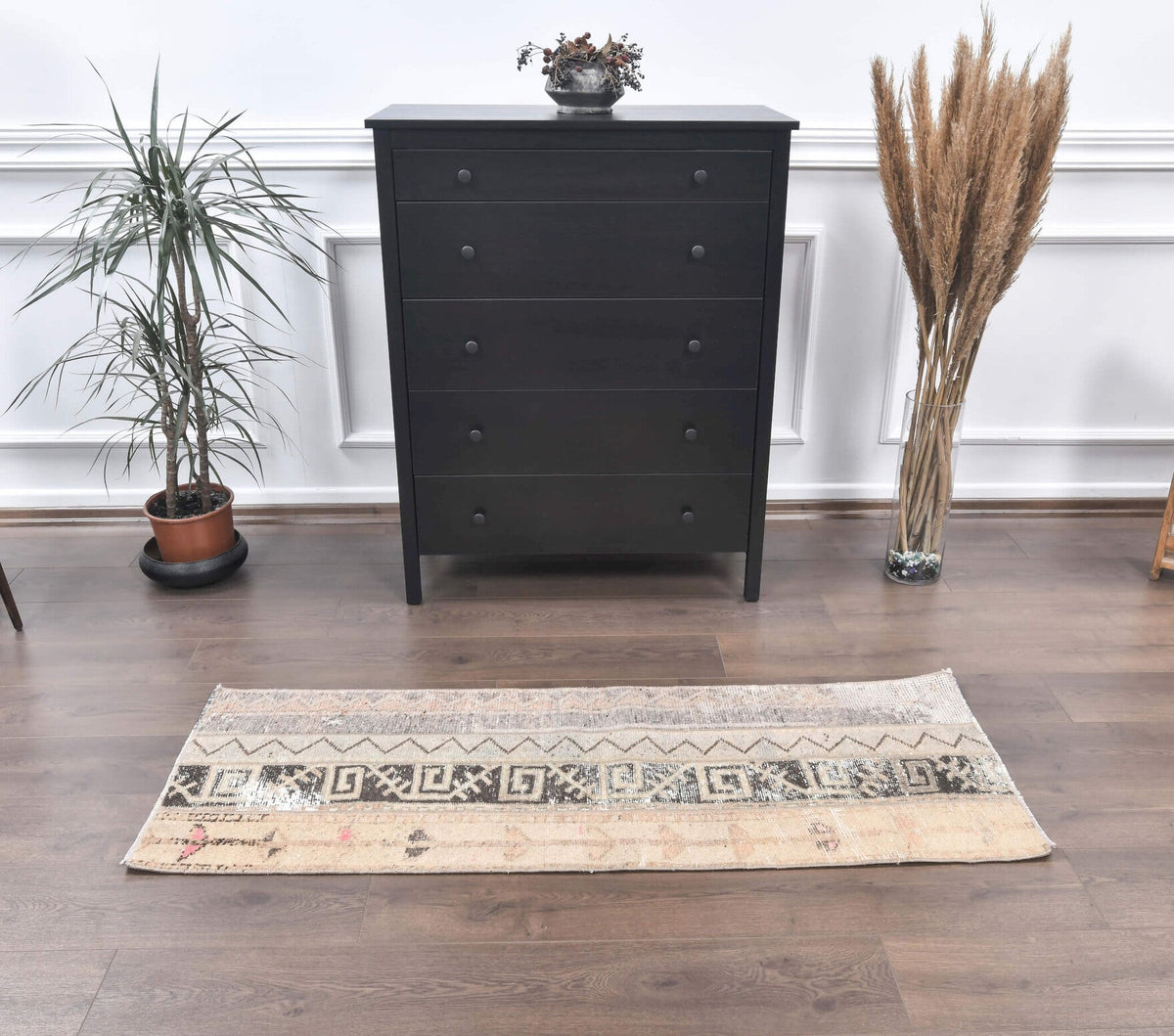 El yapımı vintage yolluk 58x180 cm patchwork desenli yün - detay görünümü