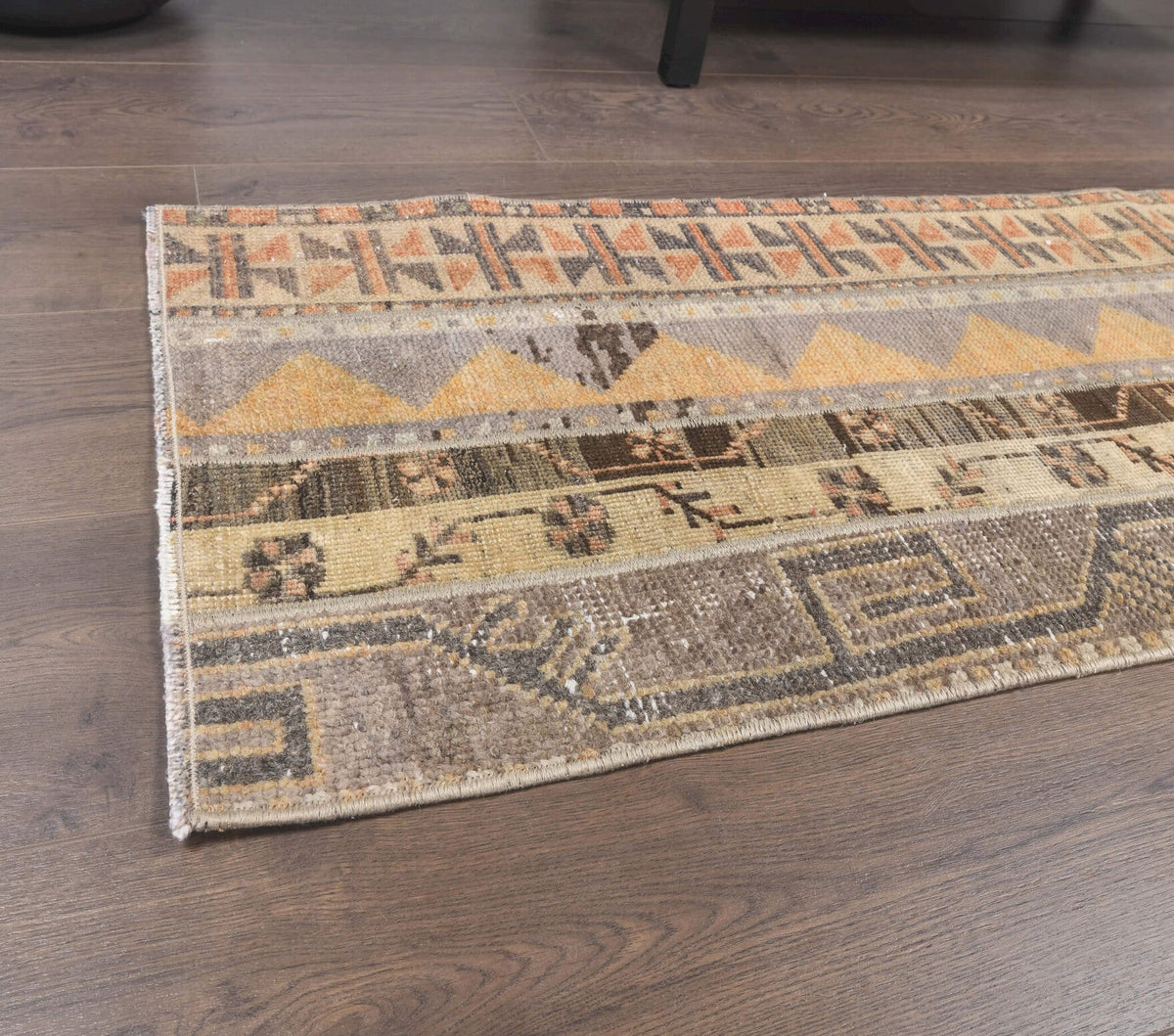 El yapımı vintage yolluk 51x183 cm i̇kat desenli yün - yakın çekim doku detayı