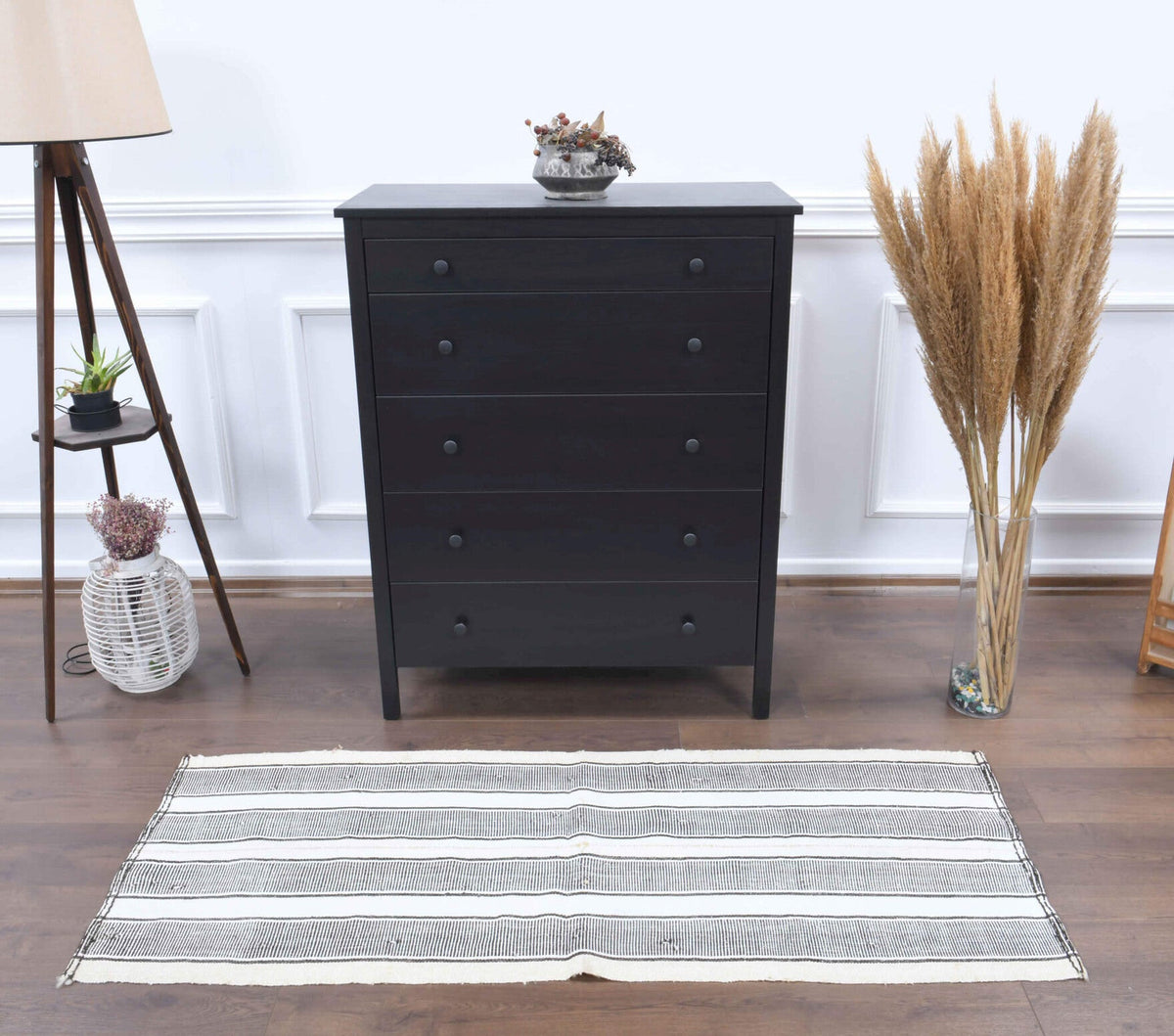 El yapımı vintage yolluk 66x170 cm çizgili desenli yün - yakın çekim doku detayı