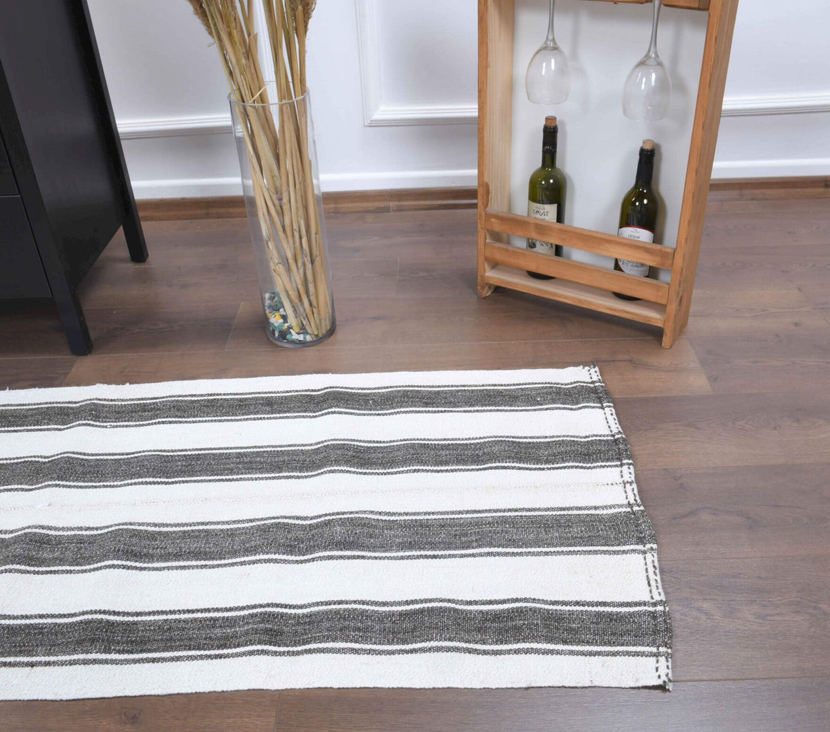 Vintage yolluk 68x181 cm – gri ve beyaz çizgili, el dokuma
