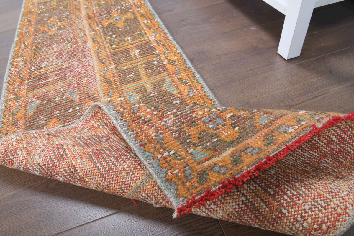 El yapımı vintage yolluk 46x216 cm oryantal desenli yün - yakın çekim doku detayı