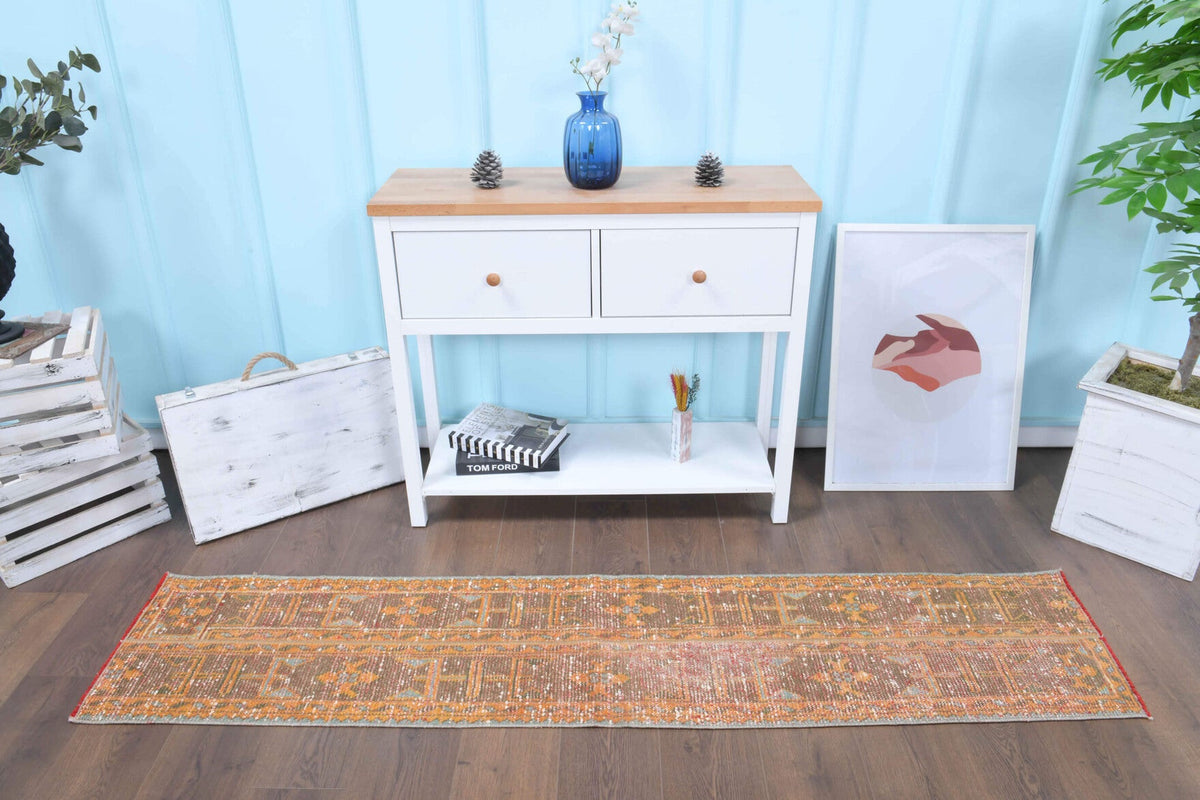 Vintage yolluk 45x216 cm – turuncu oryantal desenli, el dokuma