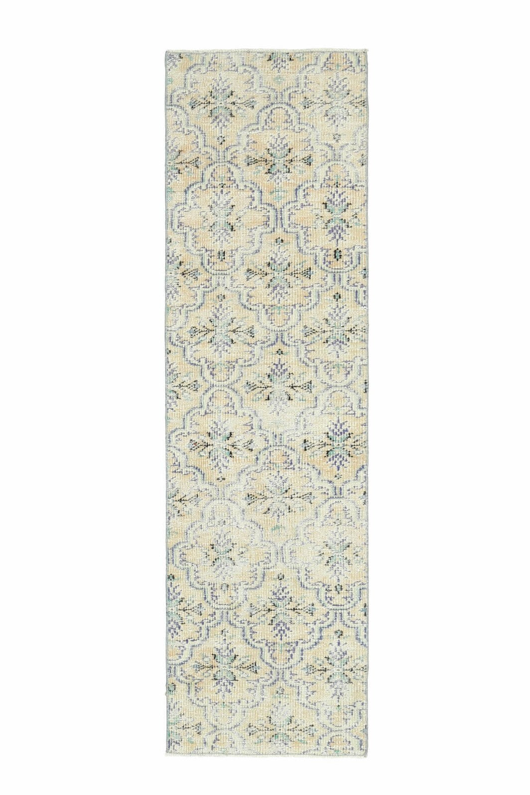 60x210 cm bej, gri ve beyaz çiçek desenli el dokuma vintage yolluk – üstten tam görünüm