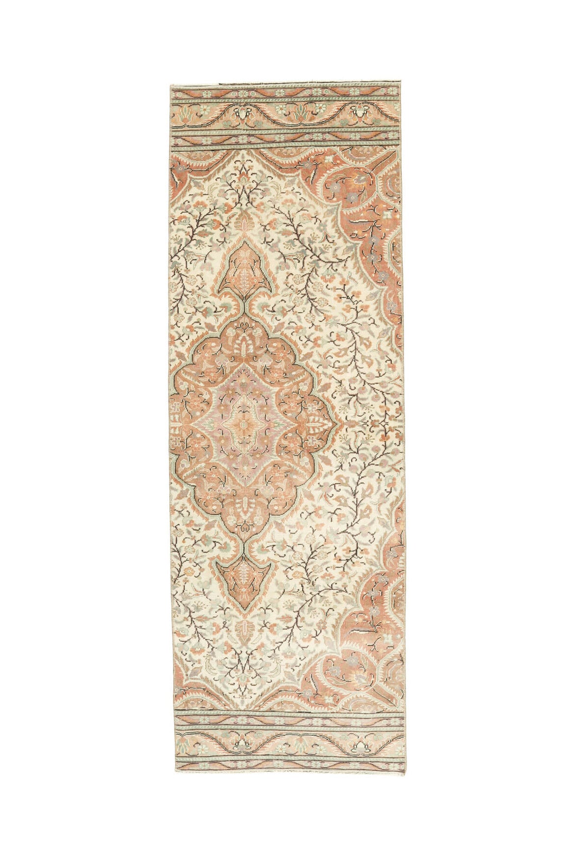 71x210 cm turuncu ve bej çiçek desenli el dokuma vintage yolluk – üstten tam görünüm