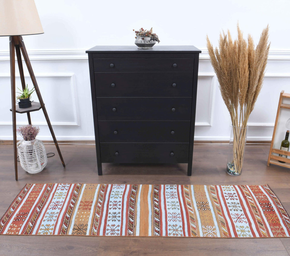 El yapımı vintage yolluk 61x213 cm kilim desenli yün - yakın çekim doku detayı