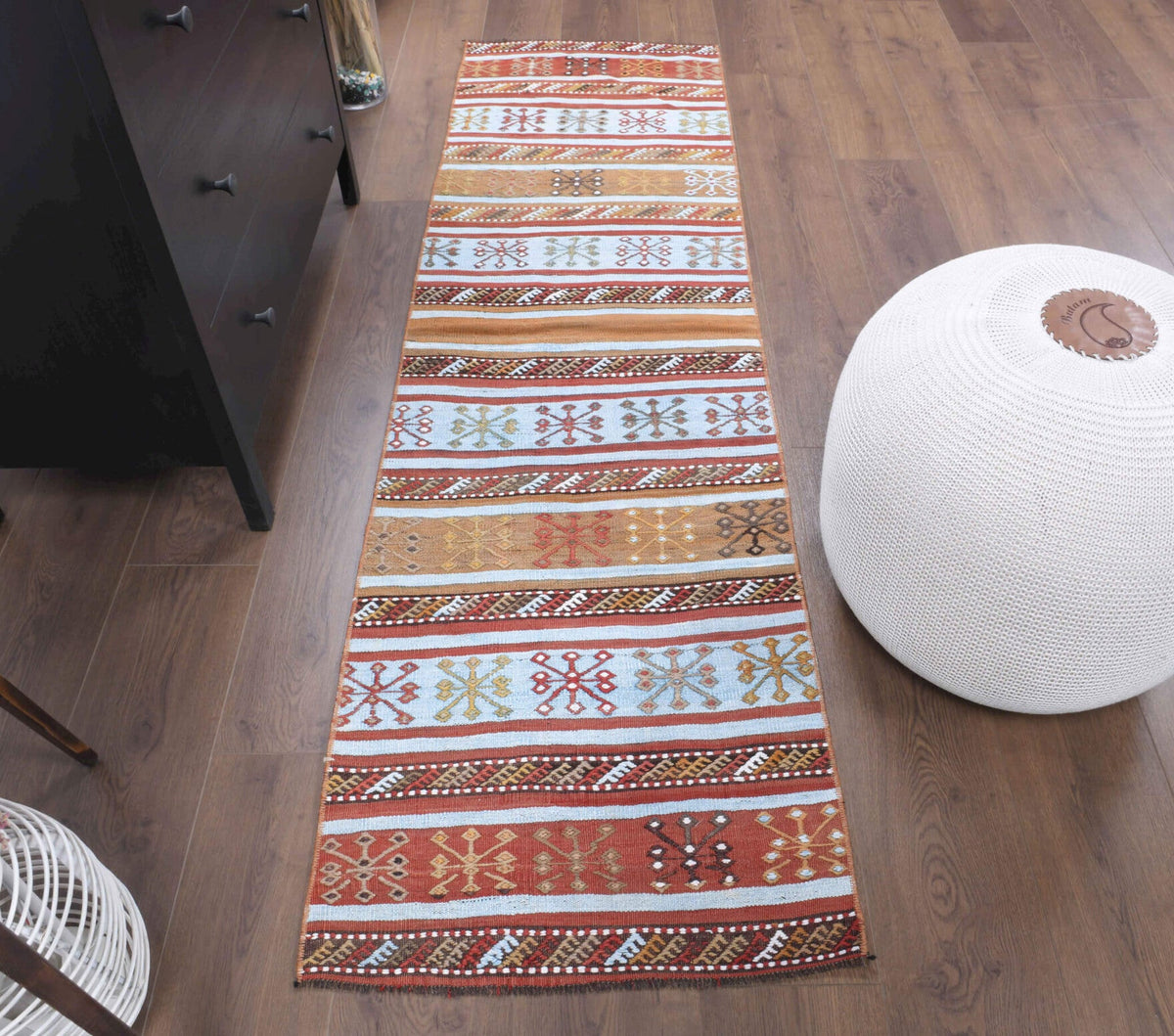 El yapımı vintage yolluk 61x213 cm kilim desenli yün - detay görünümü