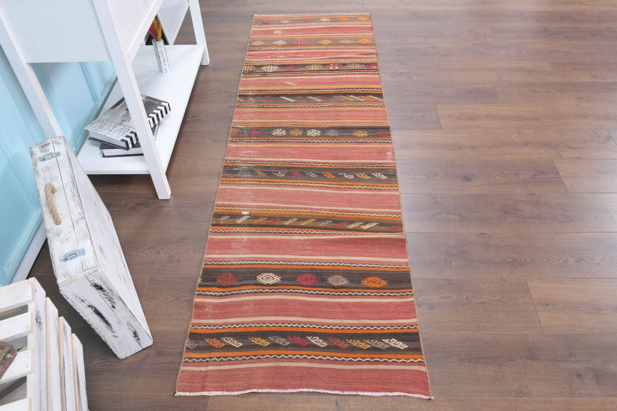 El yapımı vintage yolluk 71x224 cm çizgili desenli yün - yakın çekim doku detayı