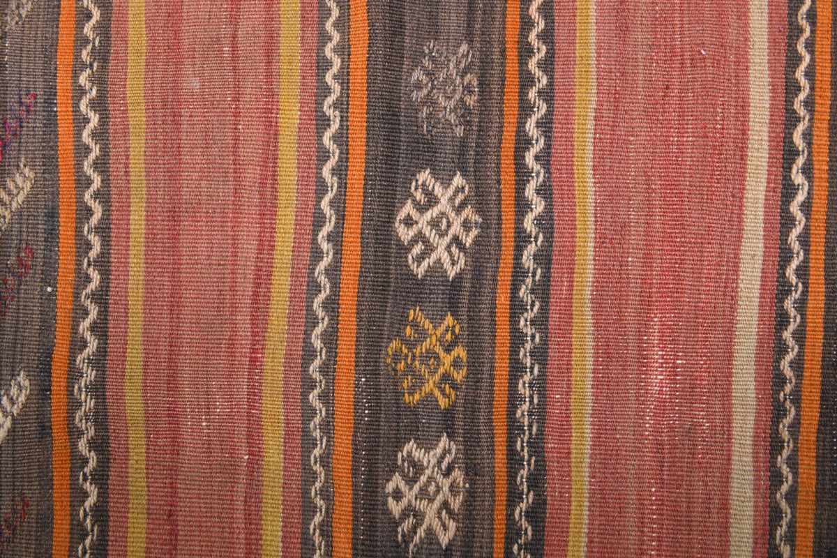 Turuncu, kahverengi ve kırmızı renkli vintage kilim yolluk, %100 yün hav, kilim taban