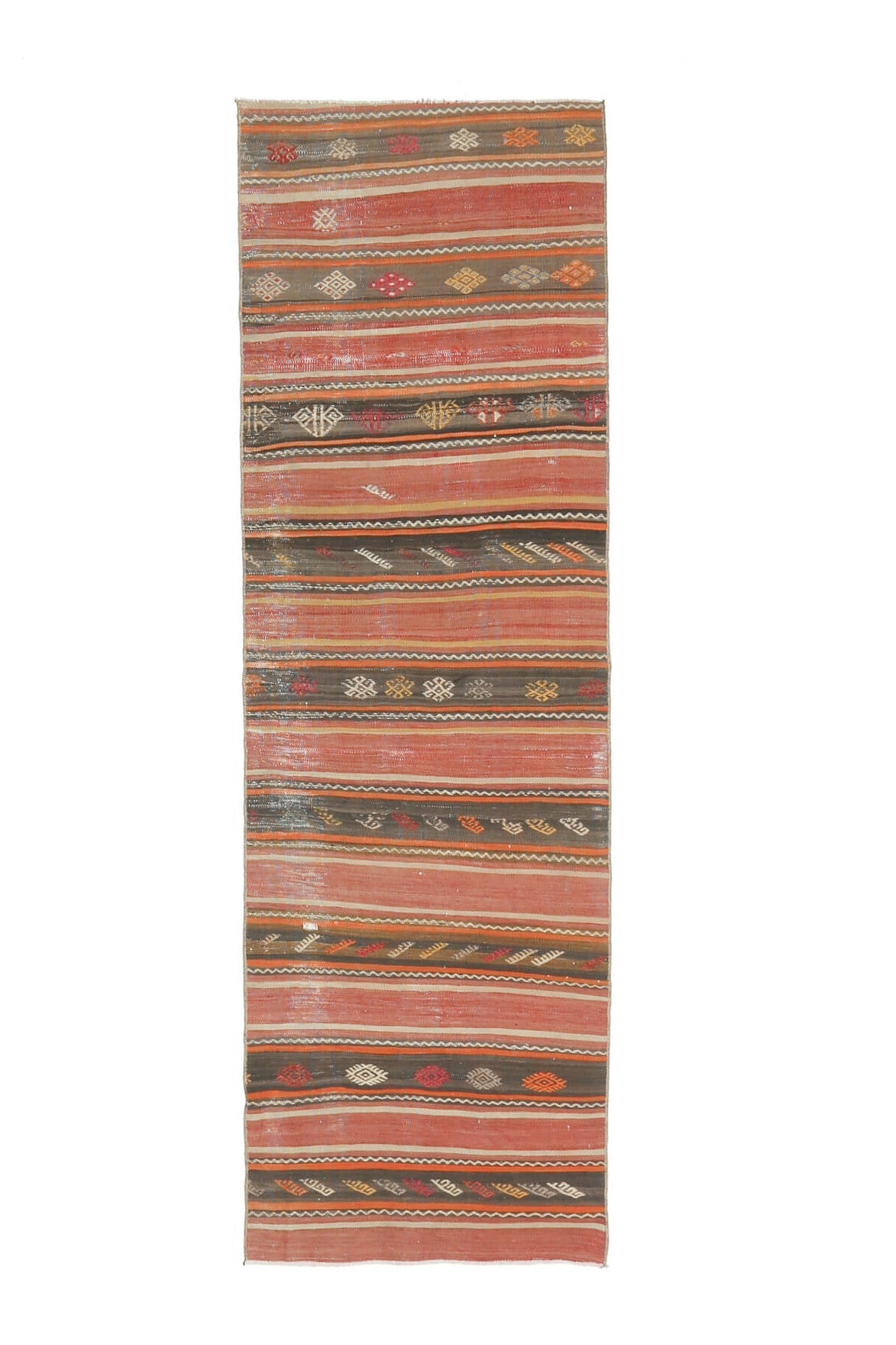 70x224 cm turuncu, kahverengi ve kırmızı çizgili vintage kilim yolluk – üstten tam görünüm