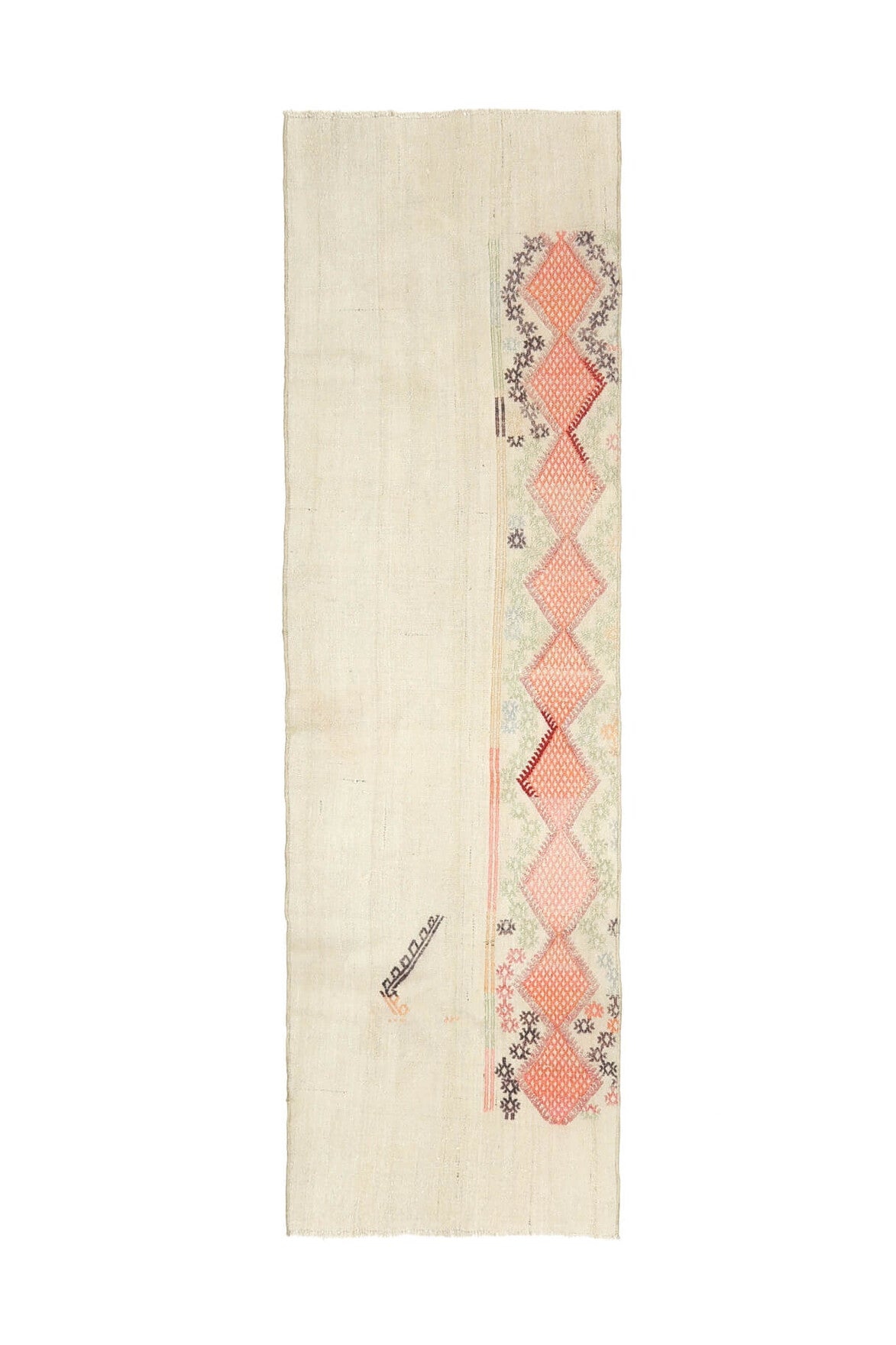 62x207 cm bej ve turuncu düz zeminli vintage kilim yolluk – üstten tam görünüm
