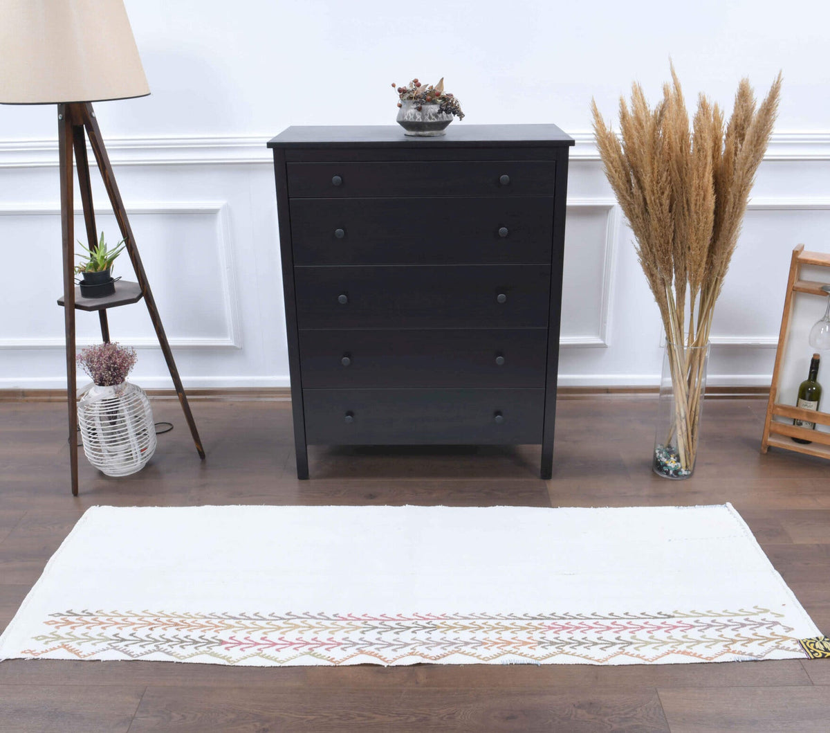 El yapımı vintage yolluk 71x211 cm i̇kat desenli yün - yakın çekim doku detayı