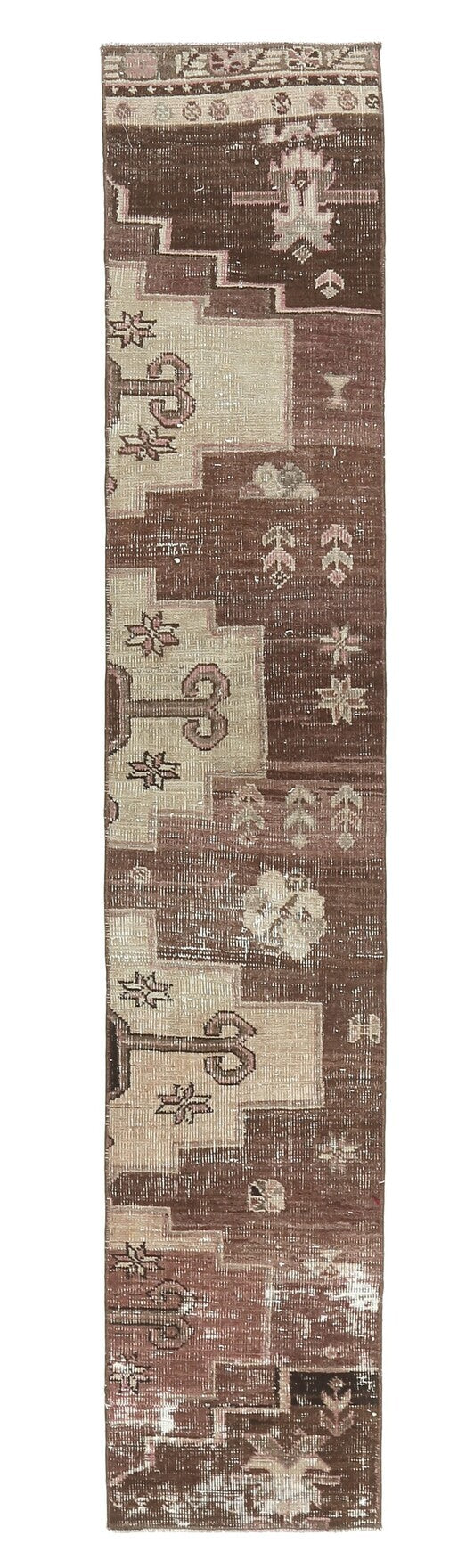 49x261 cm kahverengi ve turuncu oryantal desenli el dokuma vintage yolluk – üstten tam görünüm