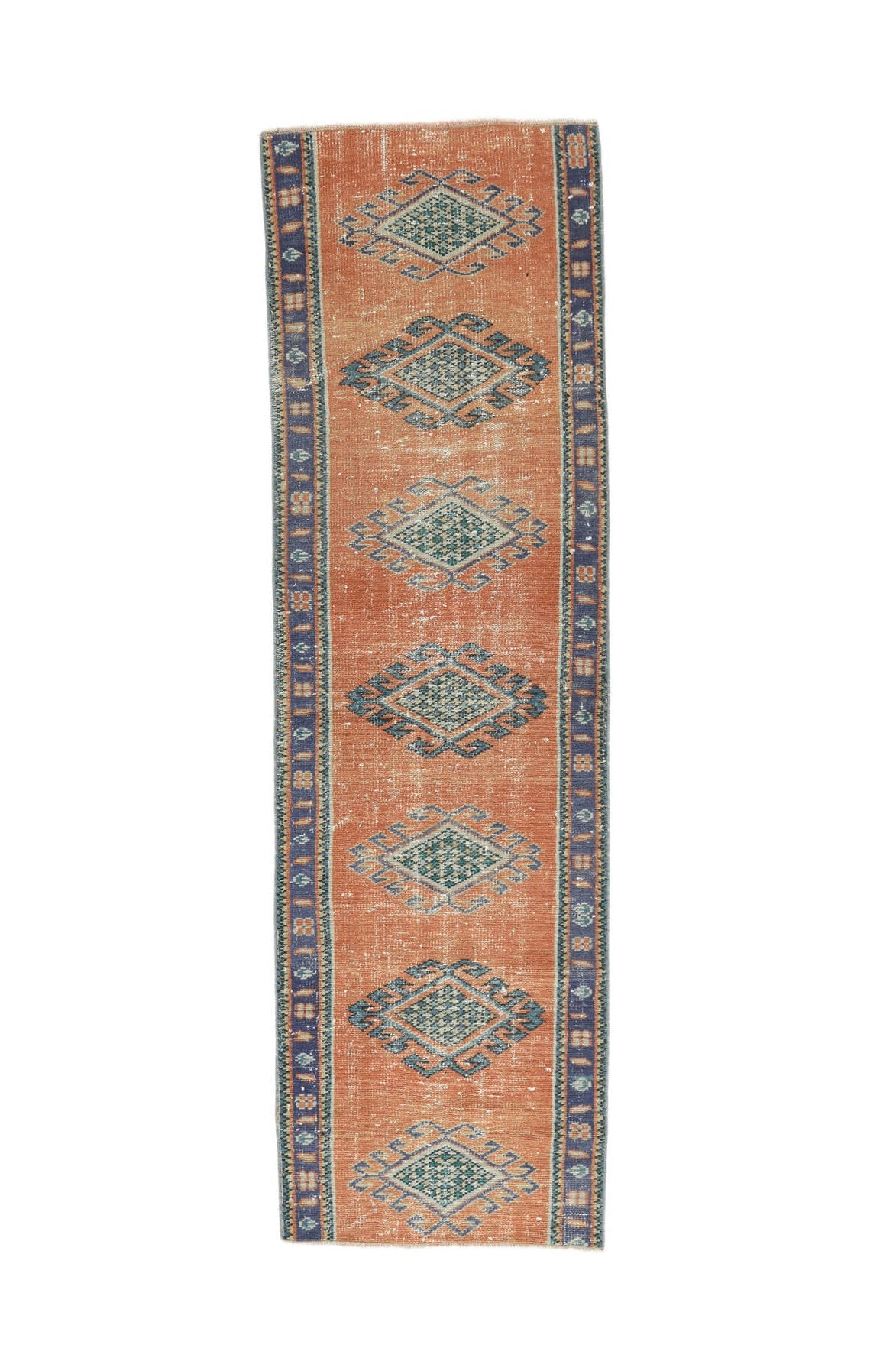 70x246 cm turuncu geometrik desenli el dokuma vintage yolluk – üstten tam görünüm