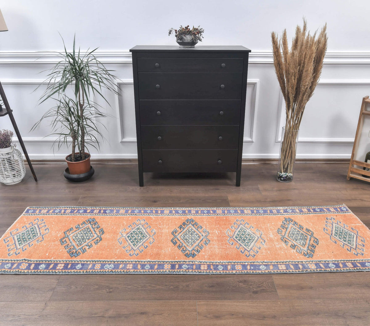 El yapımı vintage yolluk 71x246 cm geometrik desenli yün - detay görünümü