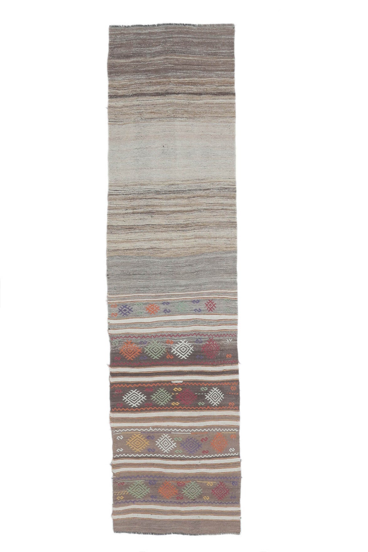 64x250 cm bej, gri ve kahverengi kilim motifli vintage kilim yolluk – üstten tam görünüm