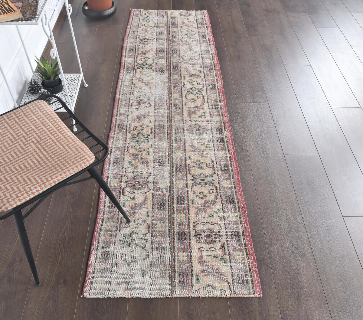 El yapımı vintage yolluk 71x229 cm çiçek desenli desenli yün - kenar ve saçak detayı