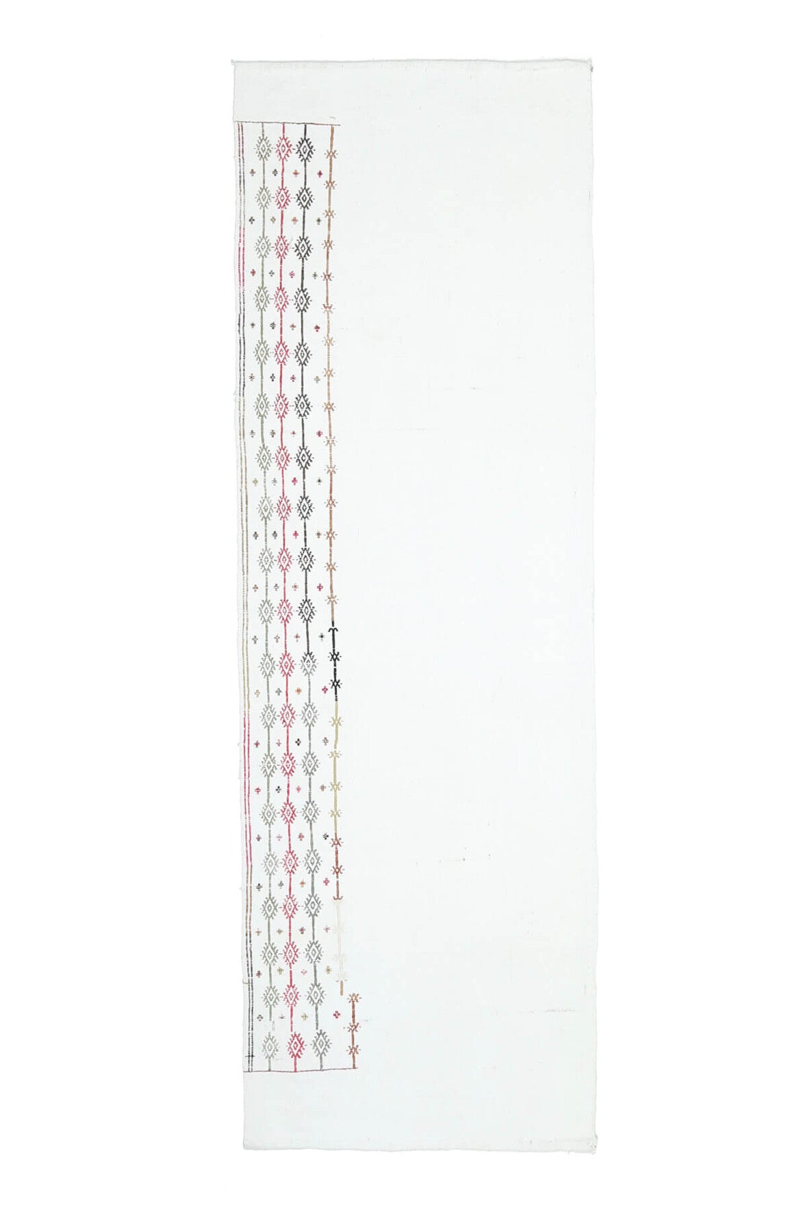 73x228 cm beyaz, gri ve pembe düz zeminli vintage kilim yolluk – üstten tam görünüm