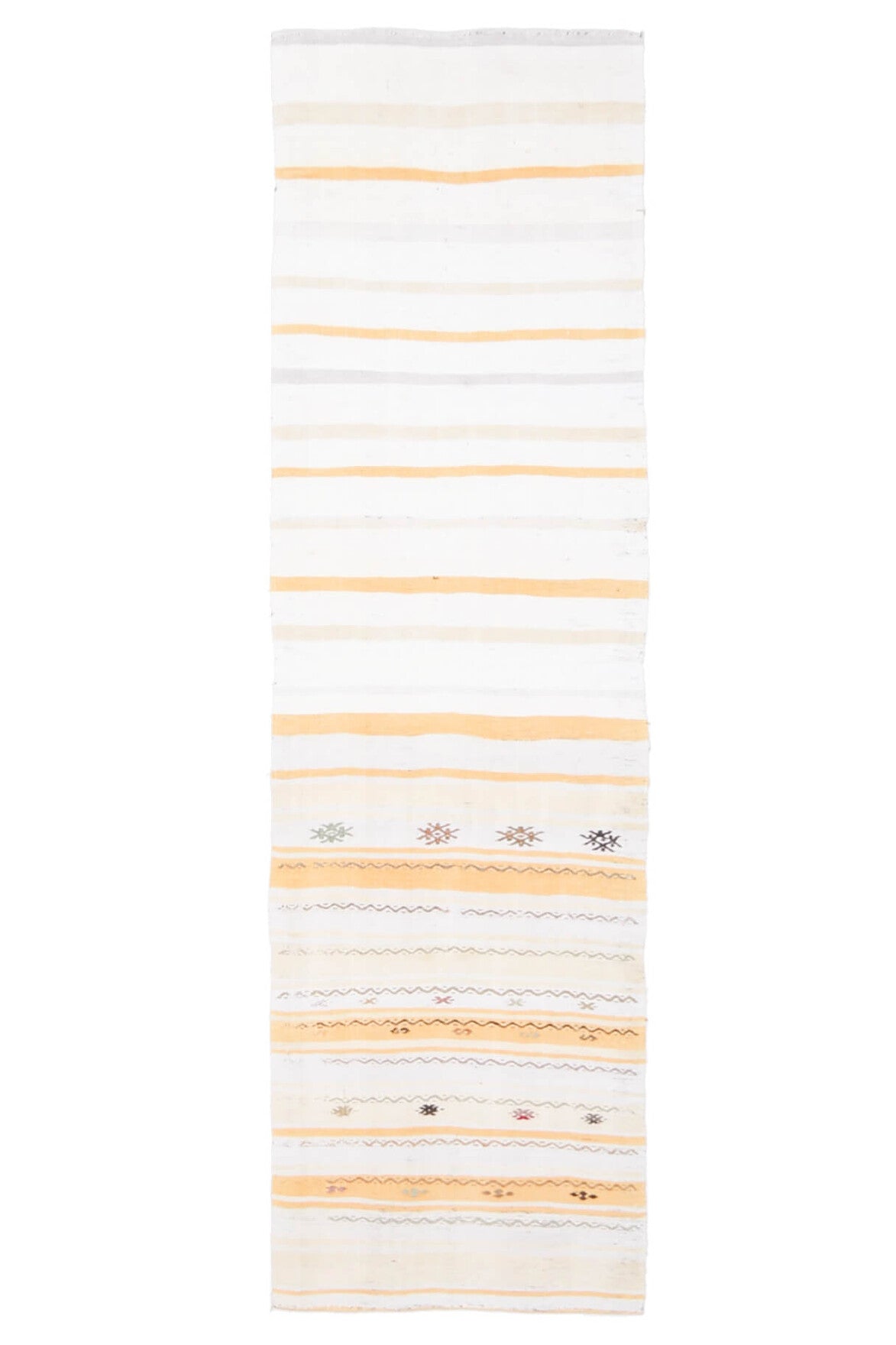 67x254 cm turuncu ve bej çizgili vintage kilim yolluk – üstten tam görünüm