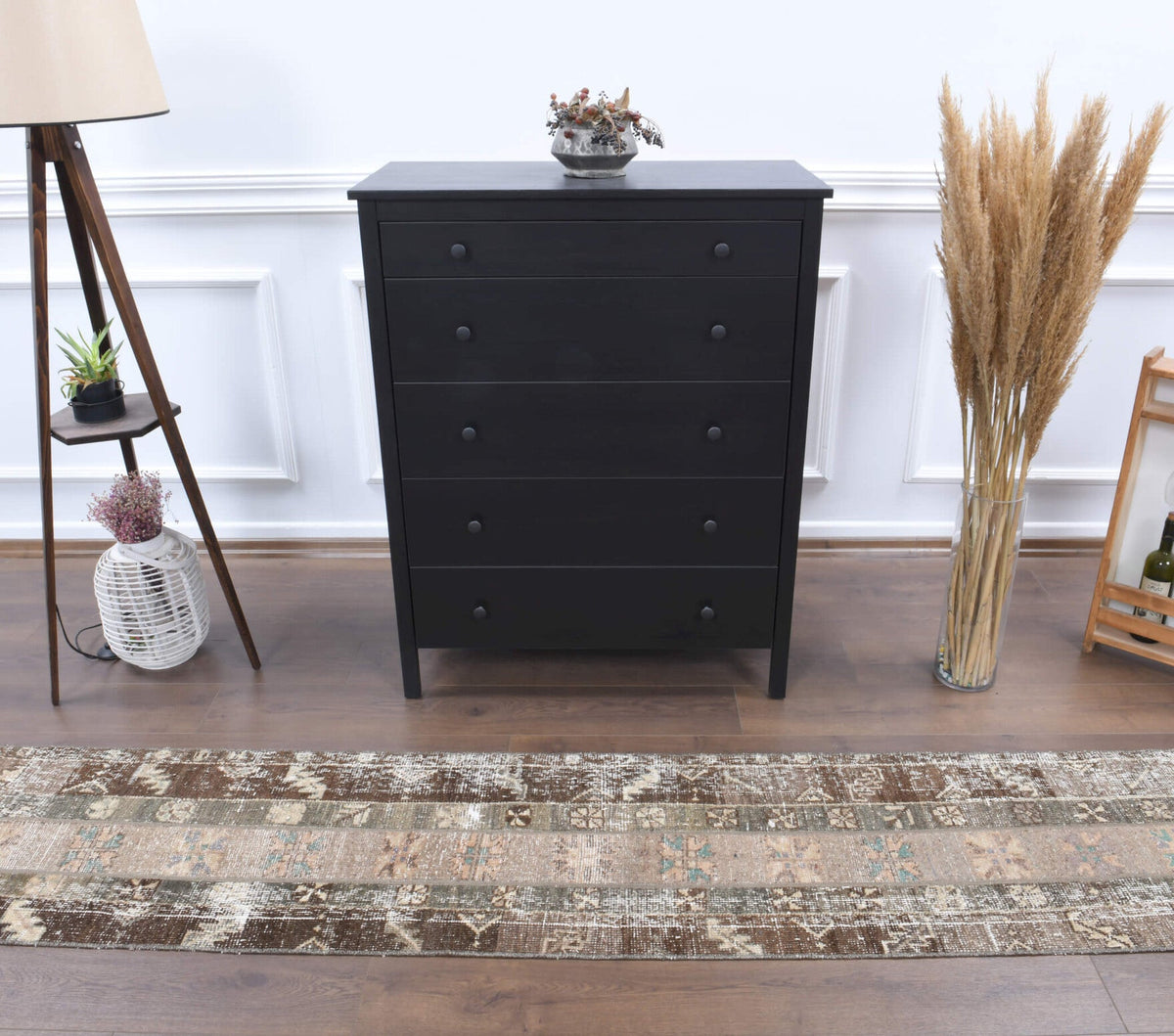 El yapımı vintage yolluk 51x269 cm i̇kat desenli yün - yakın çekim doku detayı