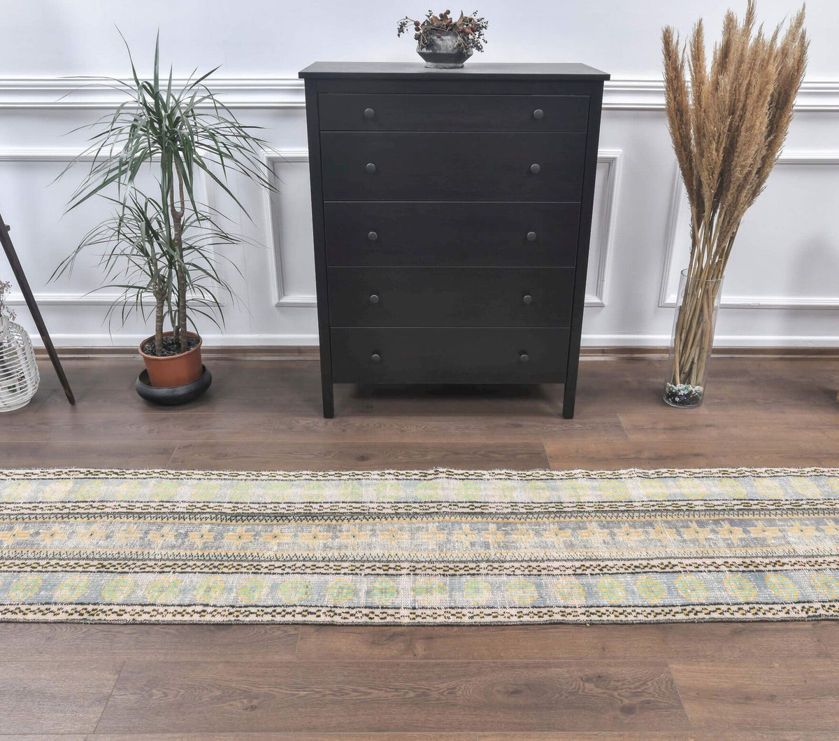 El yapımı vintage yolluk 66x284 cm i̇kat desenli yün - yakın çekim doku detayı