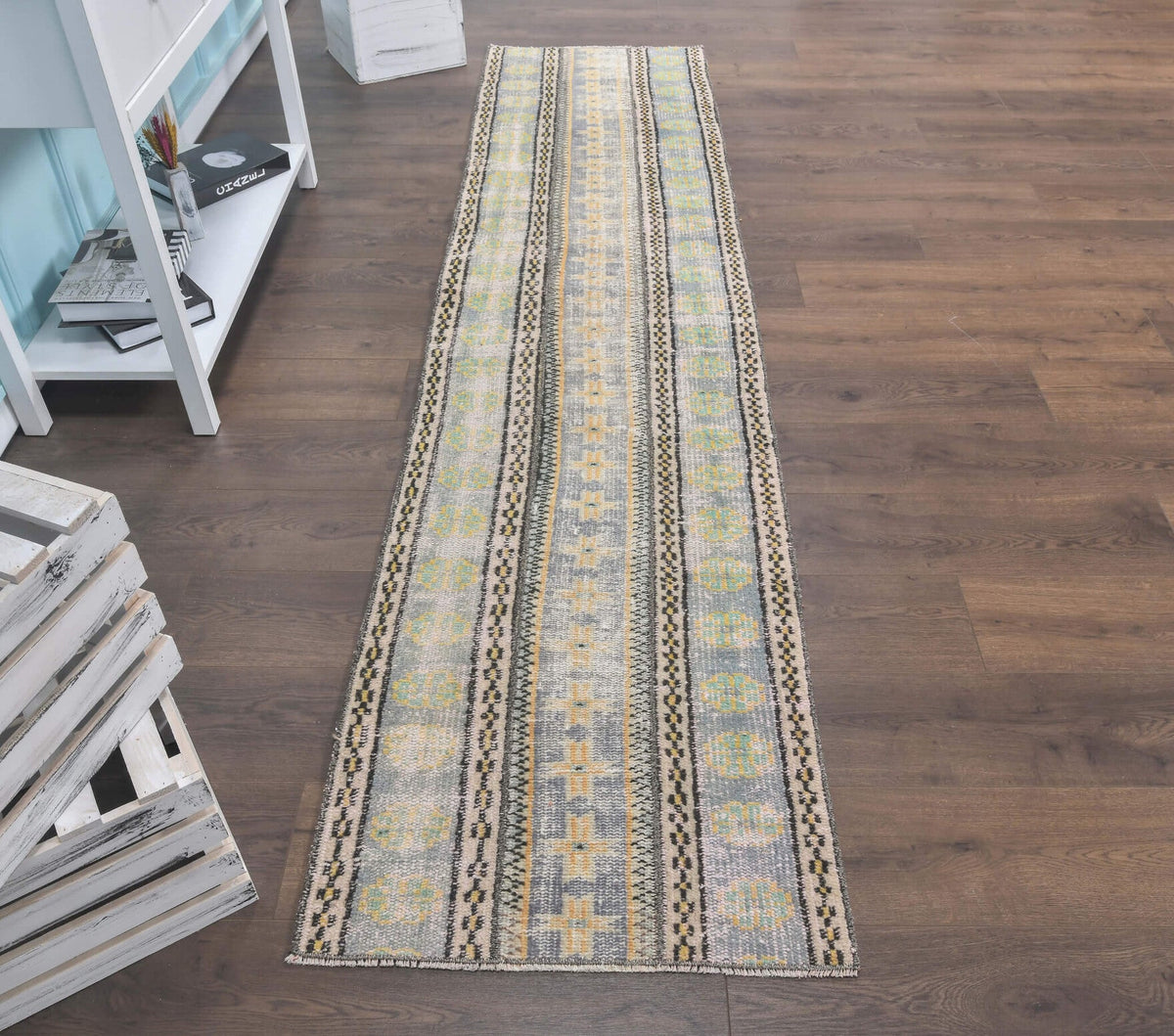 El yapımı vintage yolluk 66x284 cm i̇kat desenli yün - detay görünümü