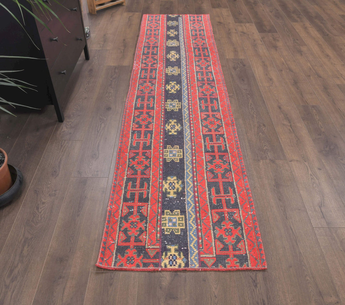 El yapımı vintage yolluk 71x284 cm i̇kat desenli yün - yakın çekim doku detayı