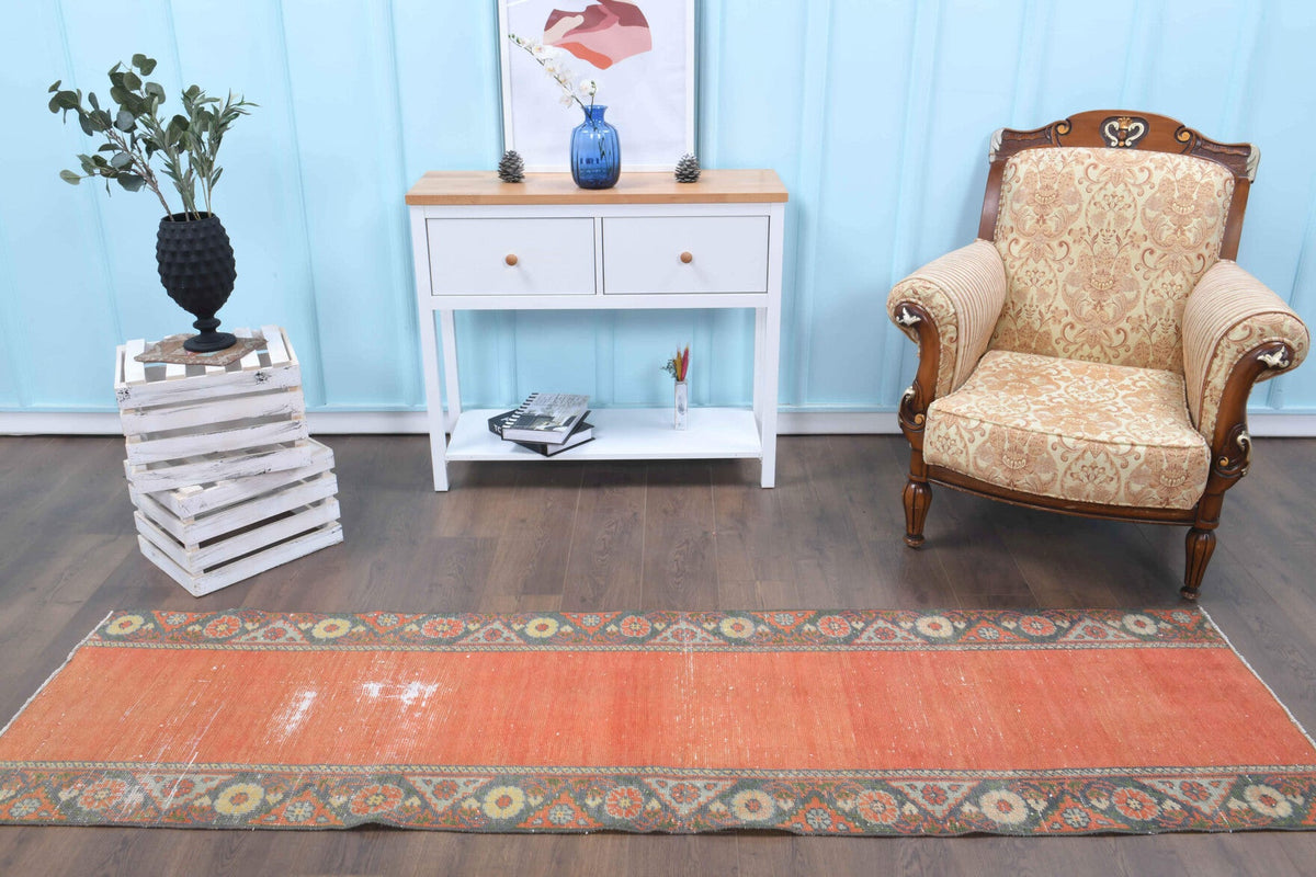 El yapımı vintage yolluk 74x259 cm bordürlü desenli yün - yakın çekim doku detayı