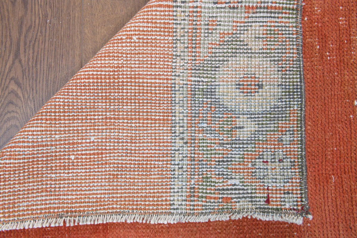 Vintage yolluk 73x259 cm – kırmızı, turuncu ve kahverengi bordürlü, el dokuma