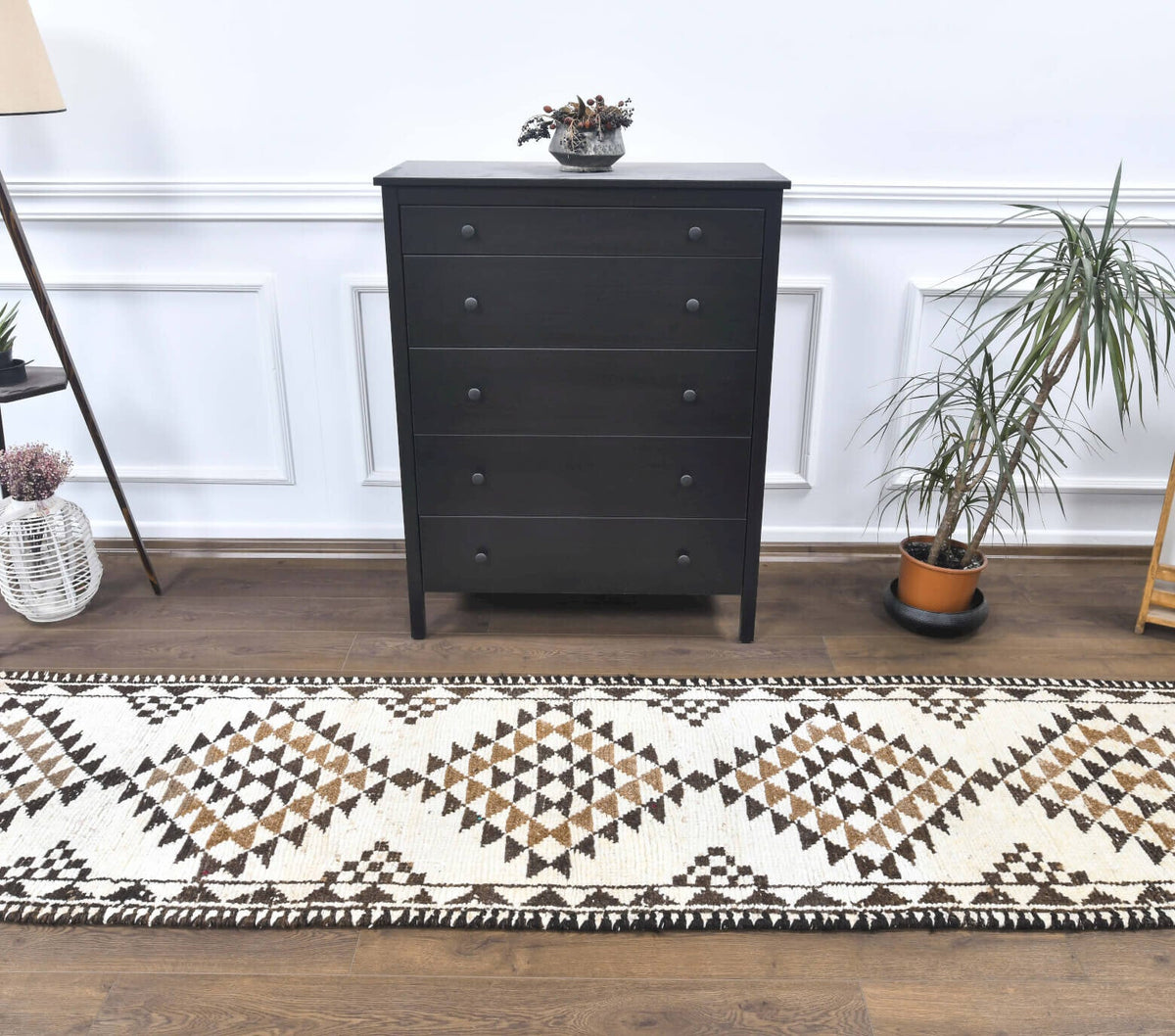 El yapımı vintage yolluk 79x318 cm geometrik desenli yün - detay görünümü